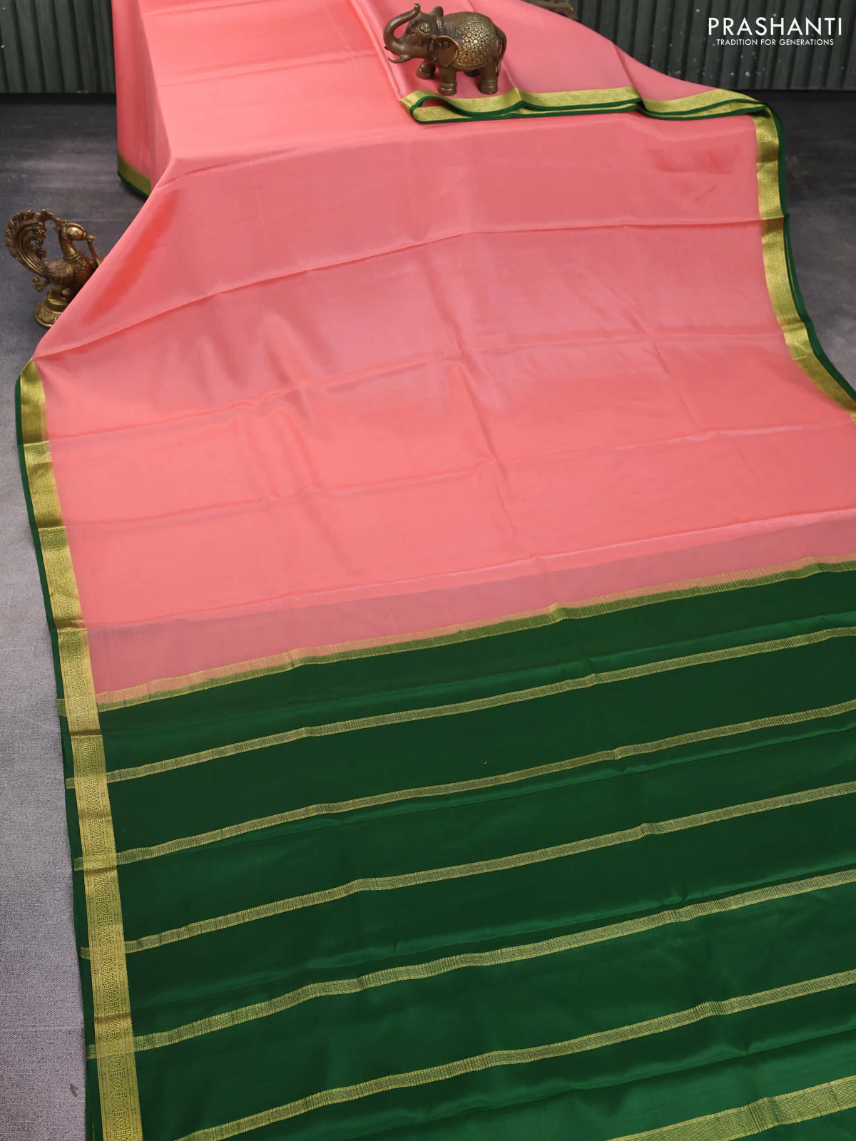 Pure mysore silk saree peach shade and green with plain body and zari woven border - Image 2