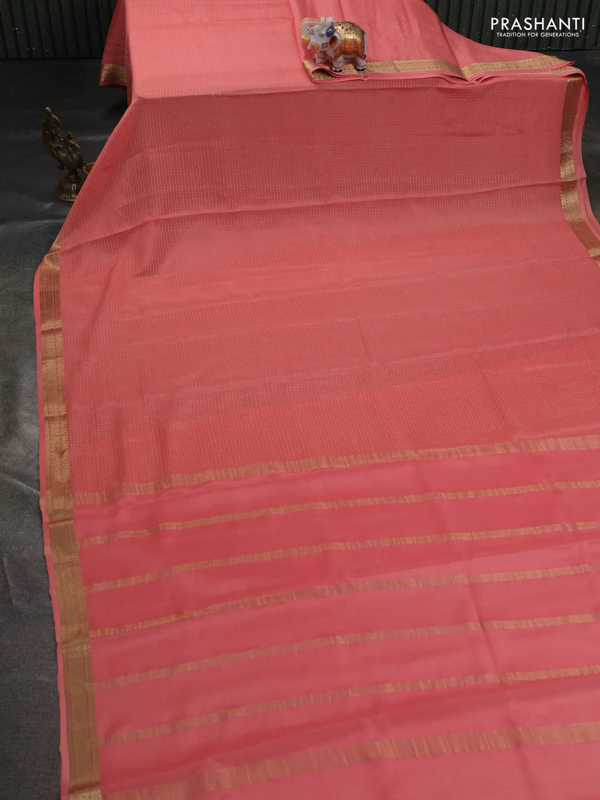 Pure mysore silk saree peach shade with allover zari small checked pattern and zari woven border - Image 2