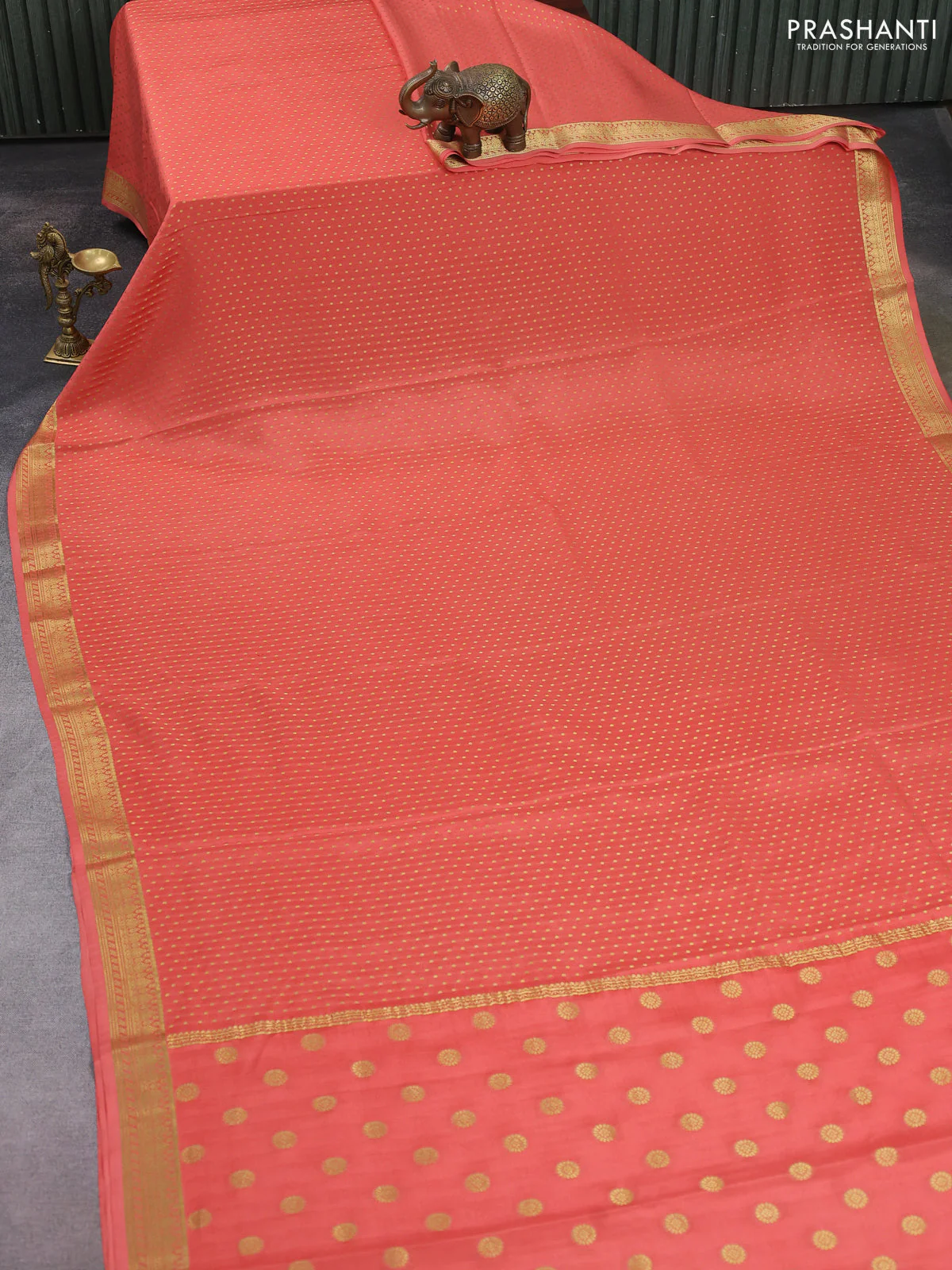 Pure mysore silk saree peach shade with allover zari woven buttas and zari woven border - Image 2
