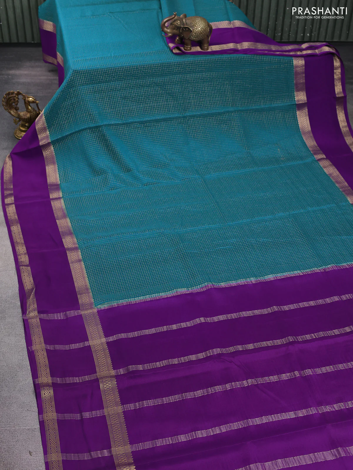Pure mysore silk saree peacock blue and violet with allover zari woven checked pattern and rettapet zari woven border - Image 2