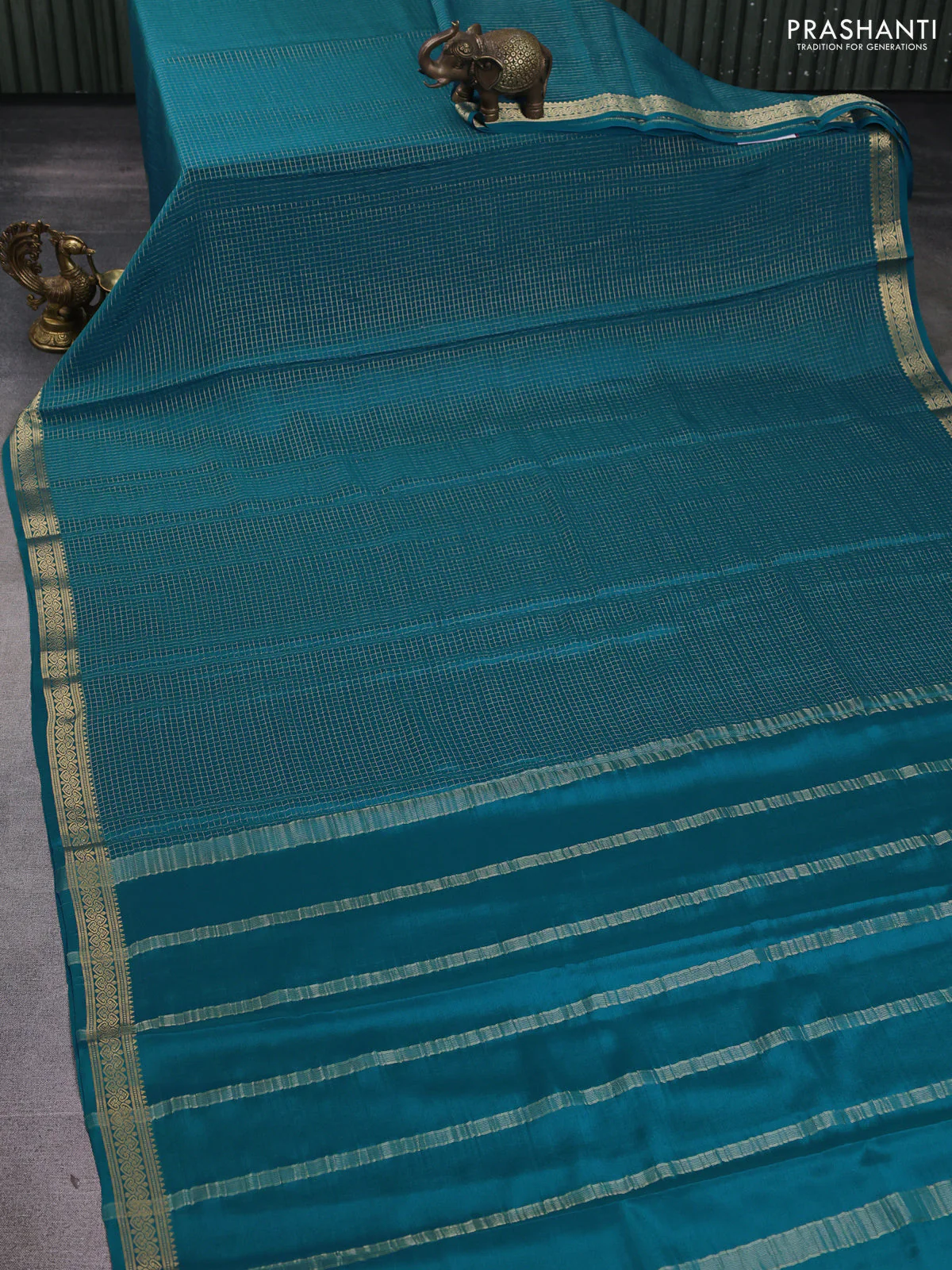 Pure mysore silk saree peacock blue with allover zari small checked pattern and zari woven border - Image 2
