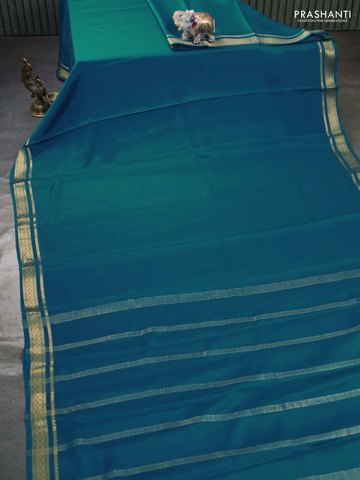 Pure mysore silk saree peacock blue with plain body and zari woven border - Image 2
