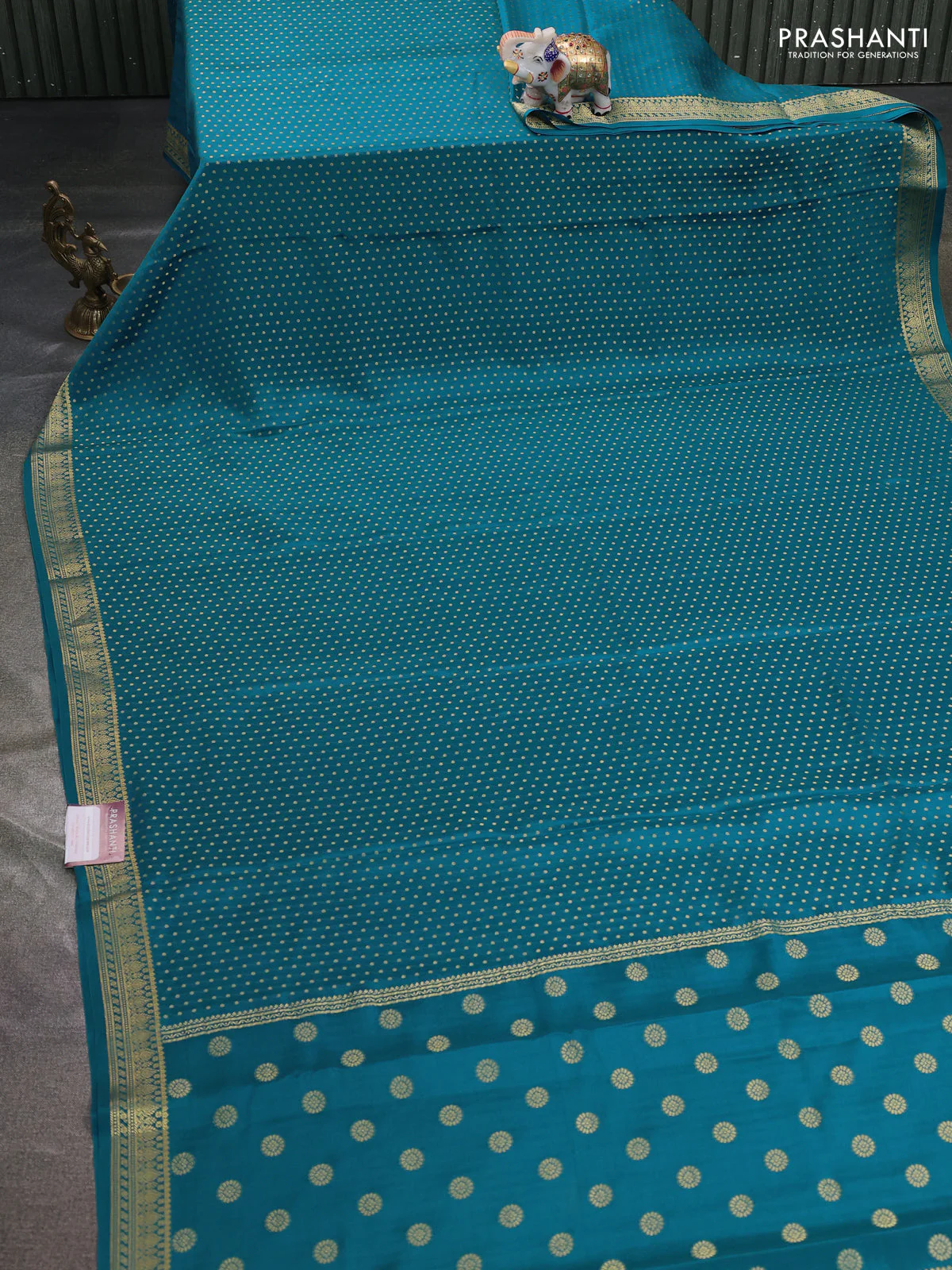 Pure mysore silk saree peacock green with allover zari woven buttas and zari woven border - Image 2