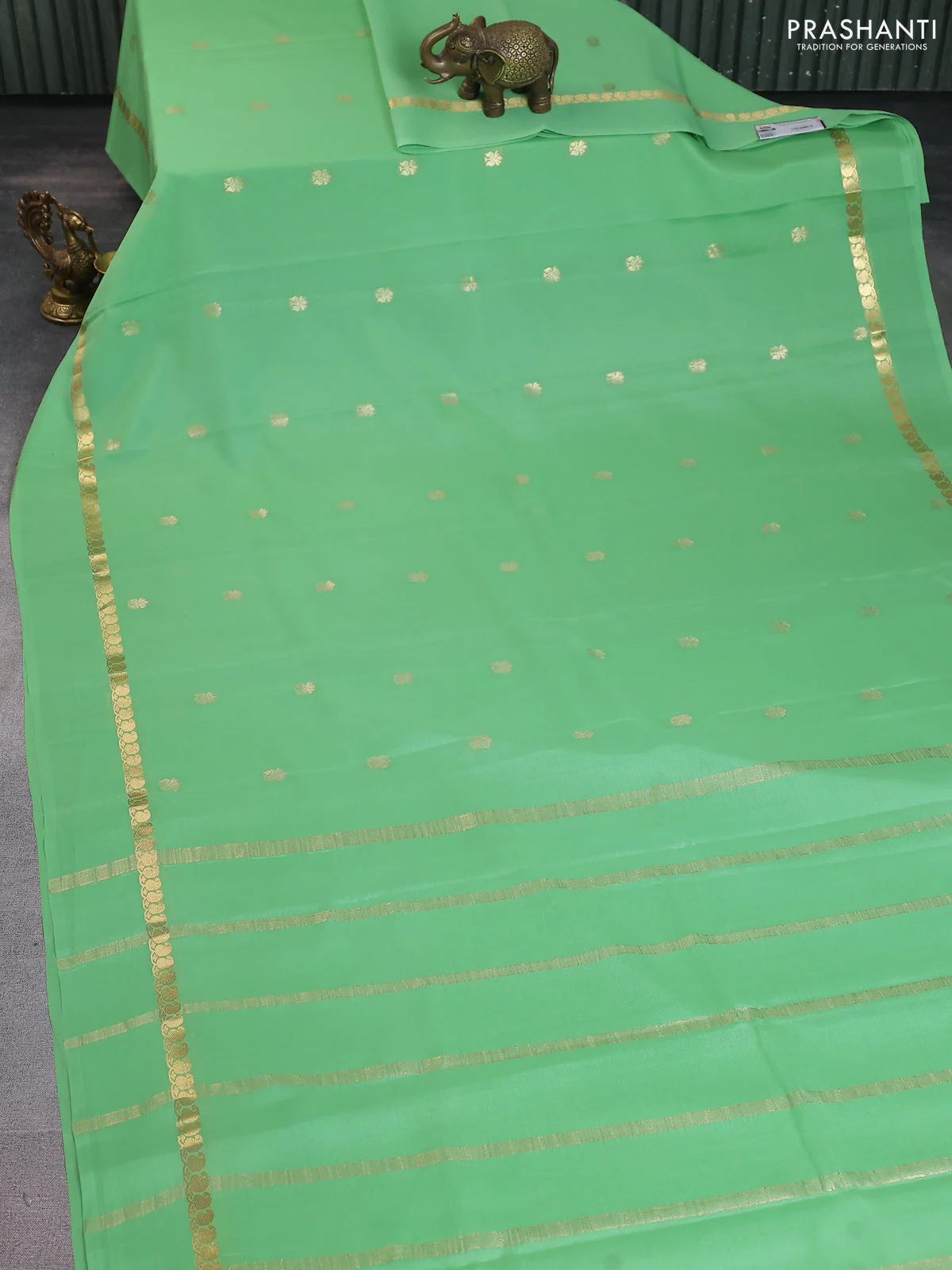 Pure mysore silk saree pista green with zari woven buttas and zari woven simple border - Image 2