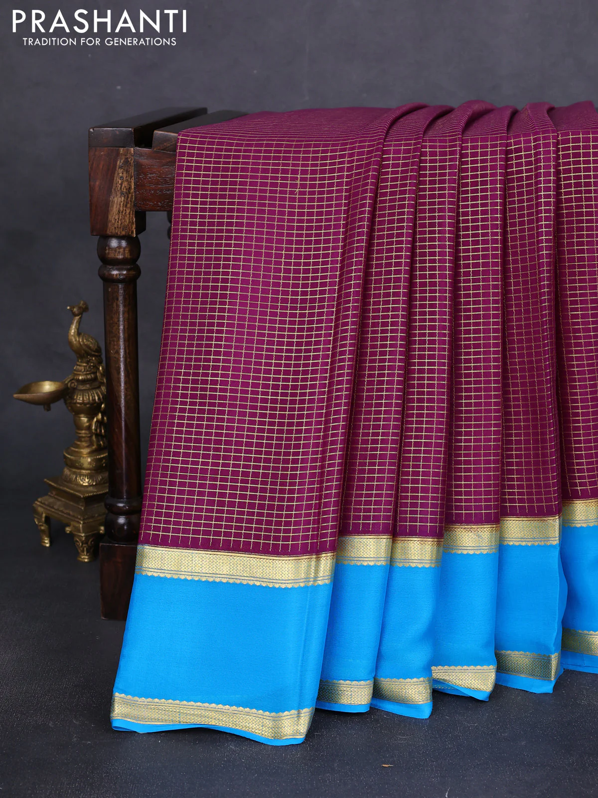 Pure mysore silk saree purple and cs blue with allover small zari woven checked pattern and rettapet zari woven border