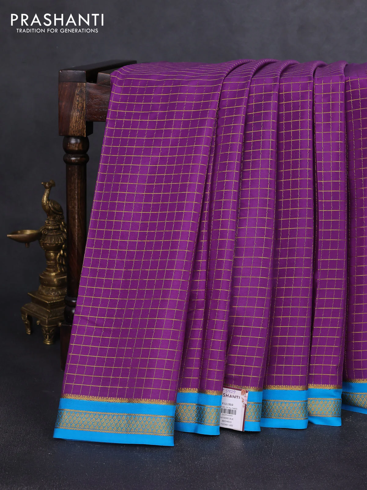 Pure mysore silk saree purple and cs blue with allover zari woven checked pattern and zari woven border