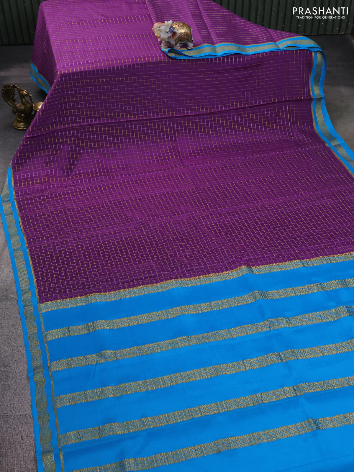 Pure mysore silk saree purple and cs blue with allover zari woven checked pattern and zari woven border - Image 2
