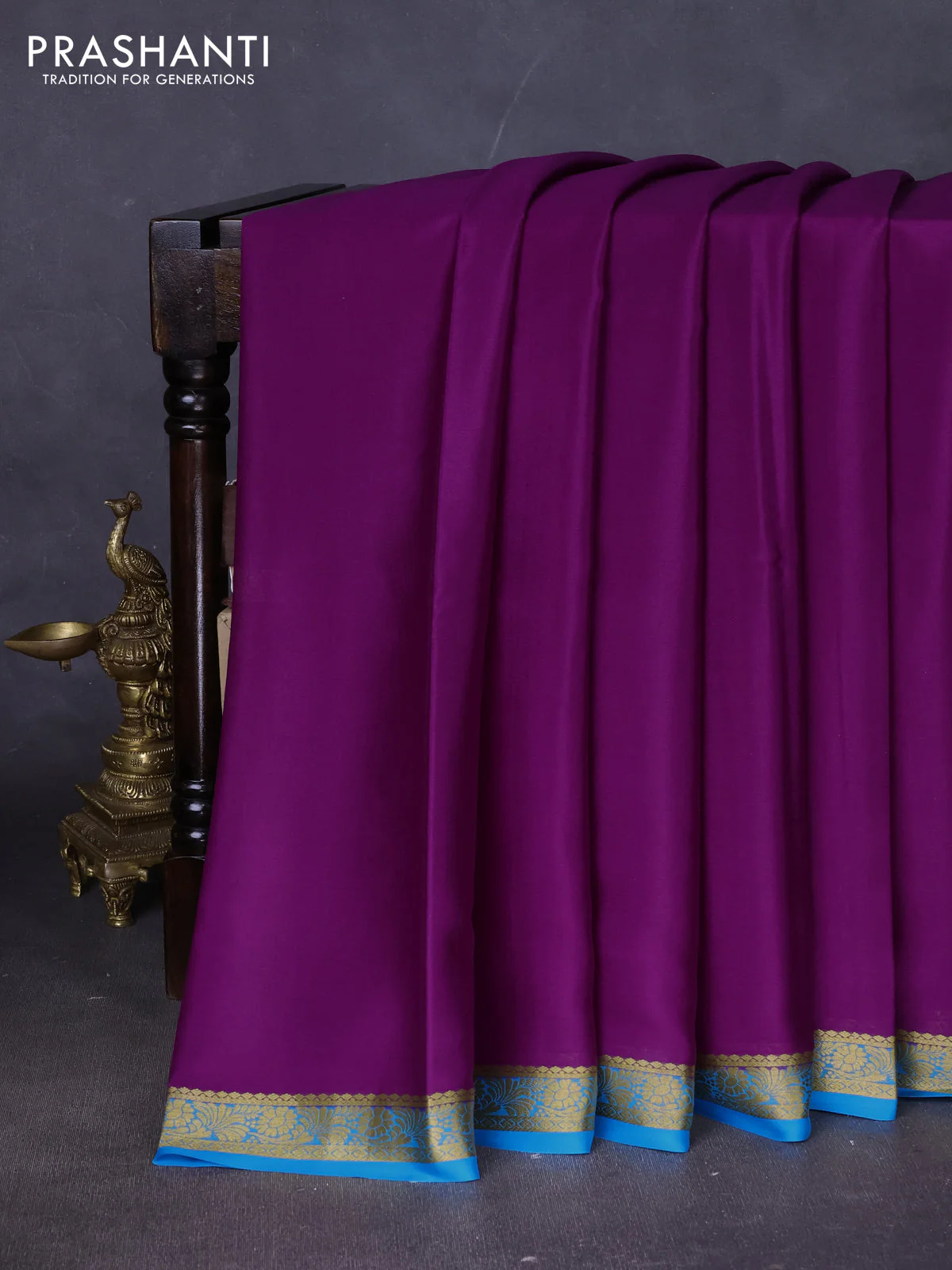 Pure mysore silk saree purple and cs blue with plain body and zari woven border