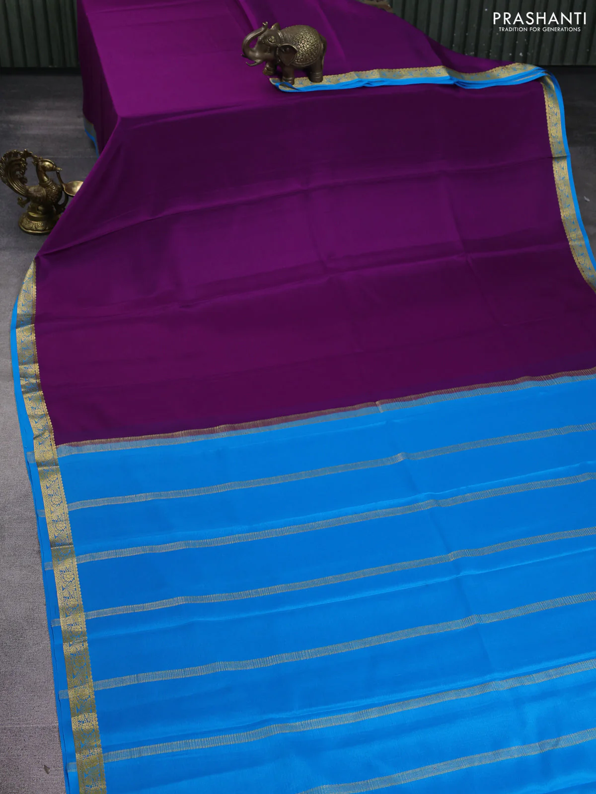 Pure mysore silk saree purple and cs blue with plain body and zari woven border - Image 2