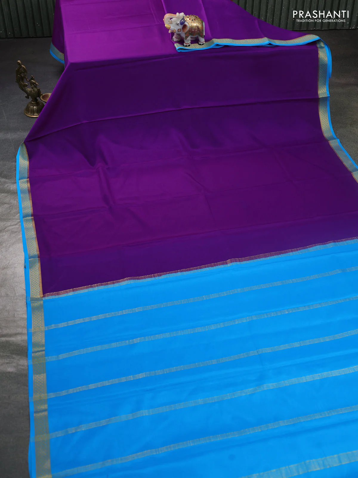 Pure mysore silk saree purple and cs blue with plain body and zari woven border - Image 2