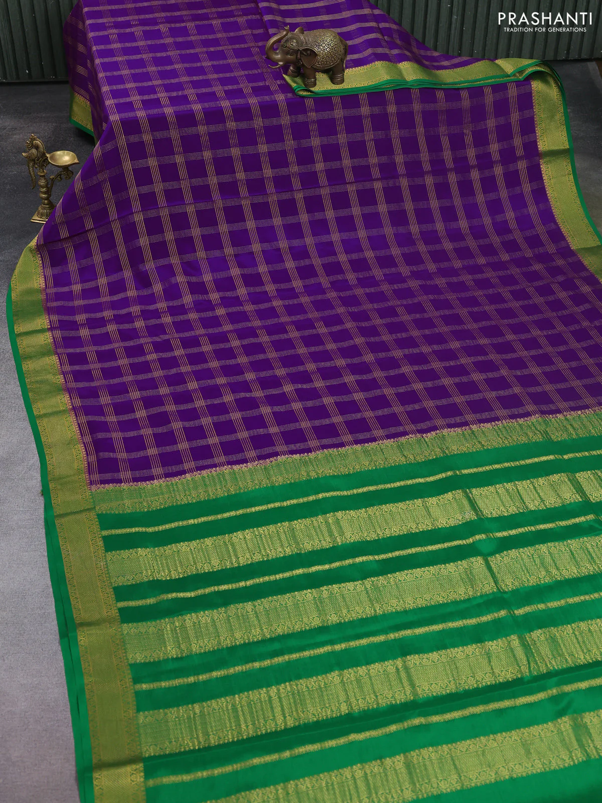 Pure mysore silk saree purple and green with allover zari checked pattern and zari woven border - Image 2