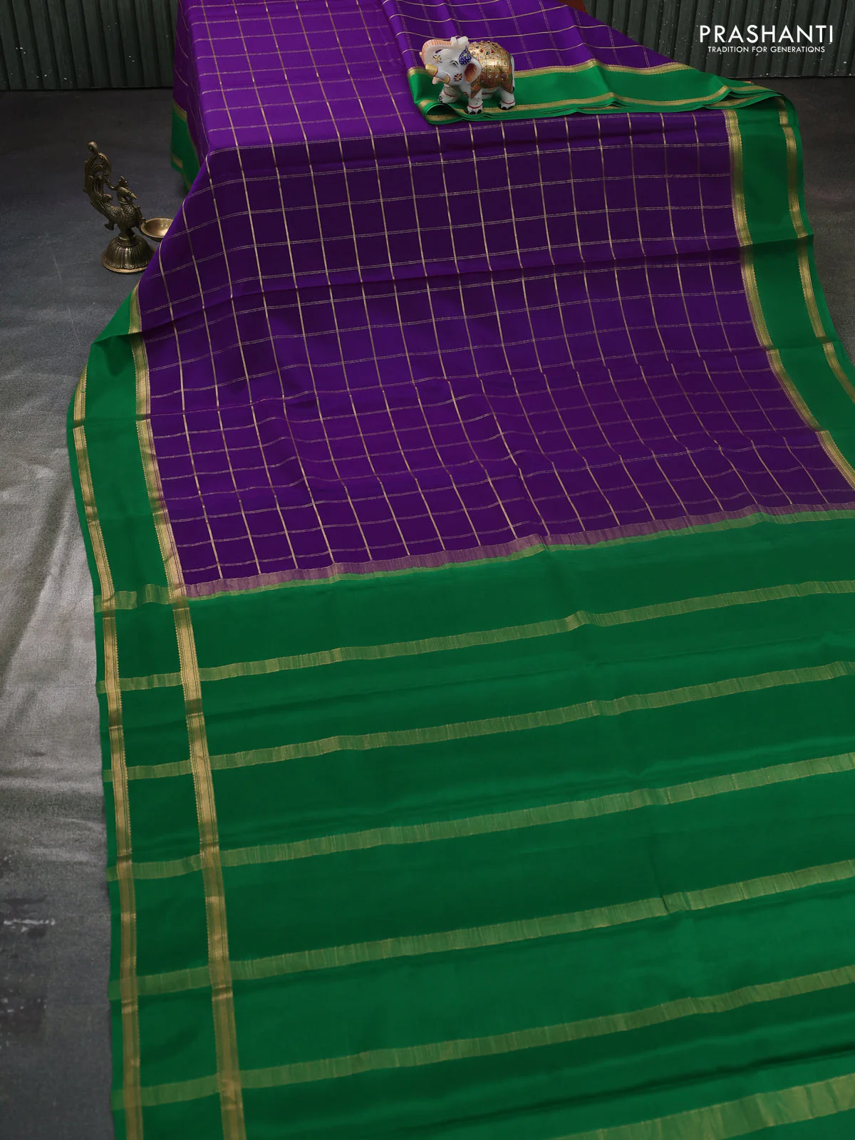 Pure mysore silk saree purple and green with allover zari woven checked pattern and rettapet zari woven border - Image 2