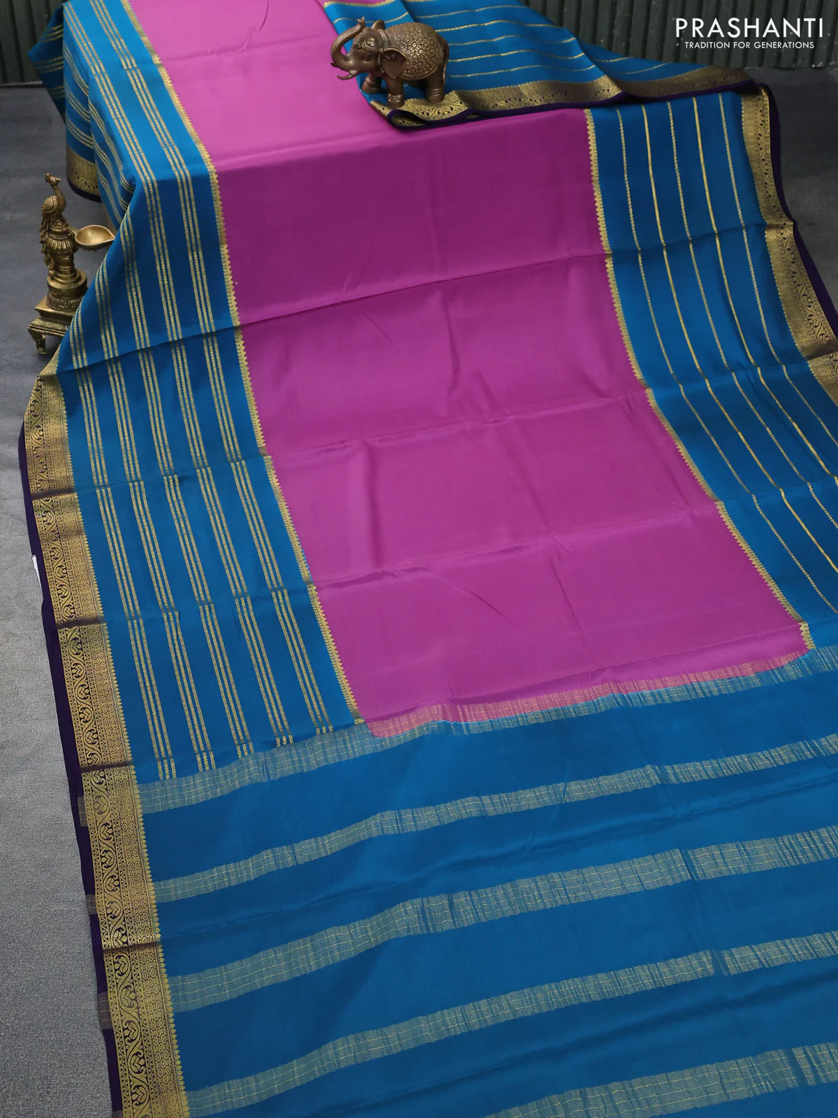 Pure mysore silk saree purple and peacock blue with plain body and long zari woven border - Image 2