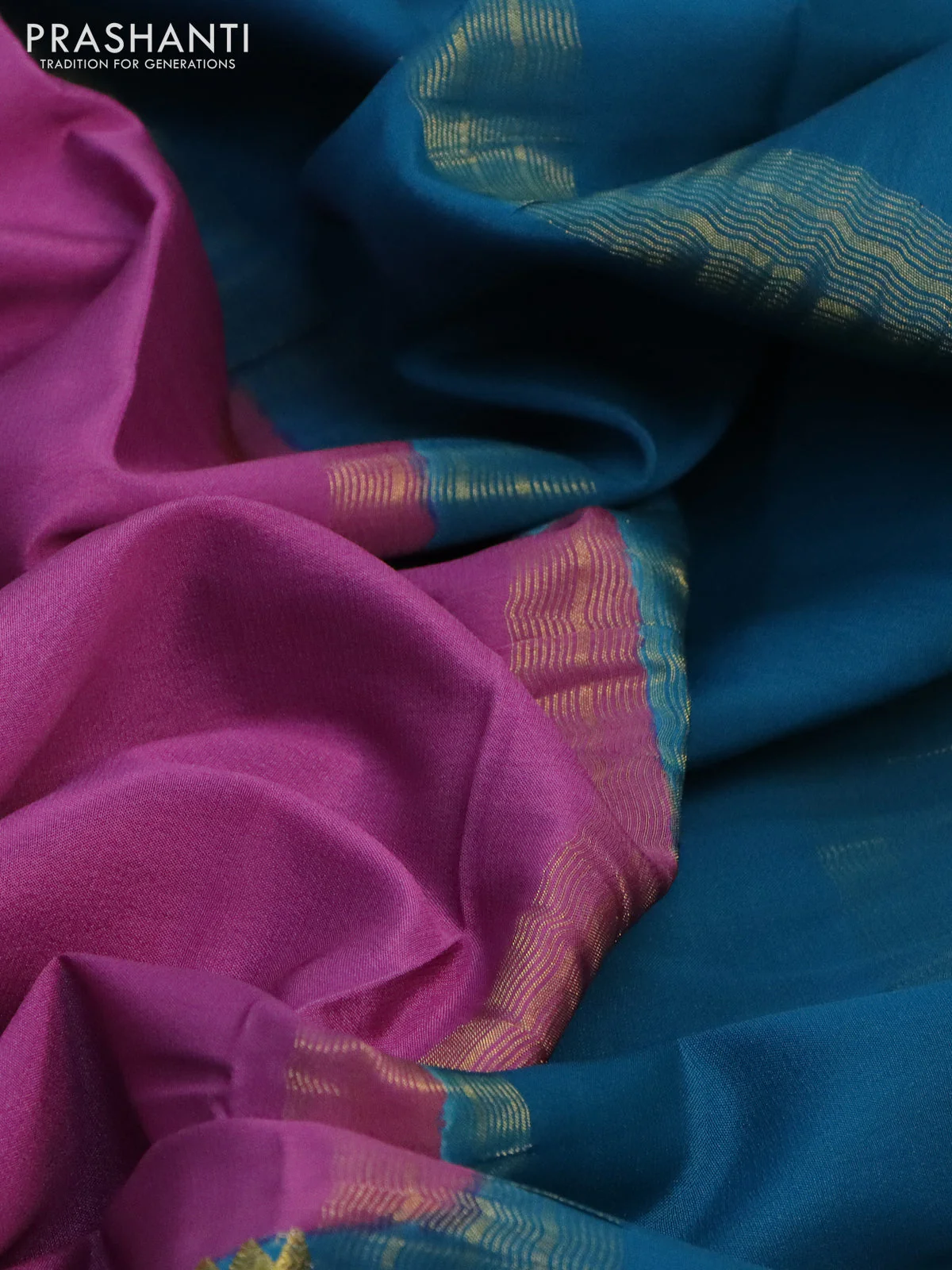 Pure mysore silk saree purple and peacock blue with plain body and long zari woven border - Image 3