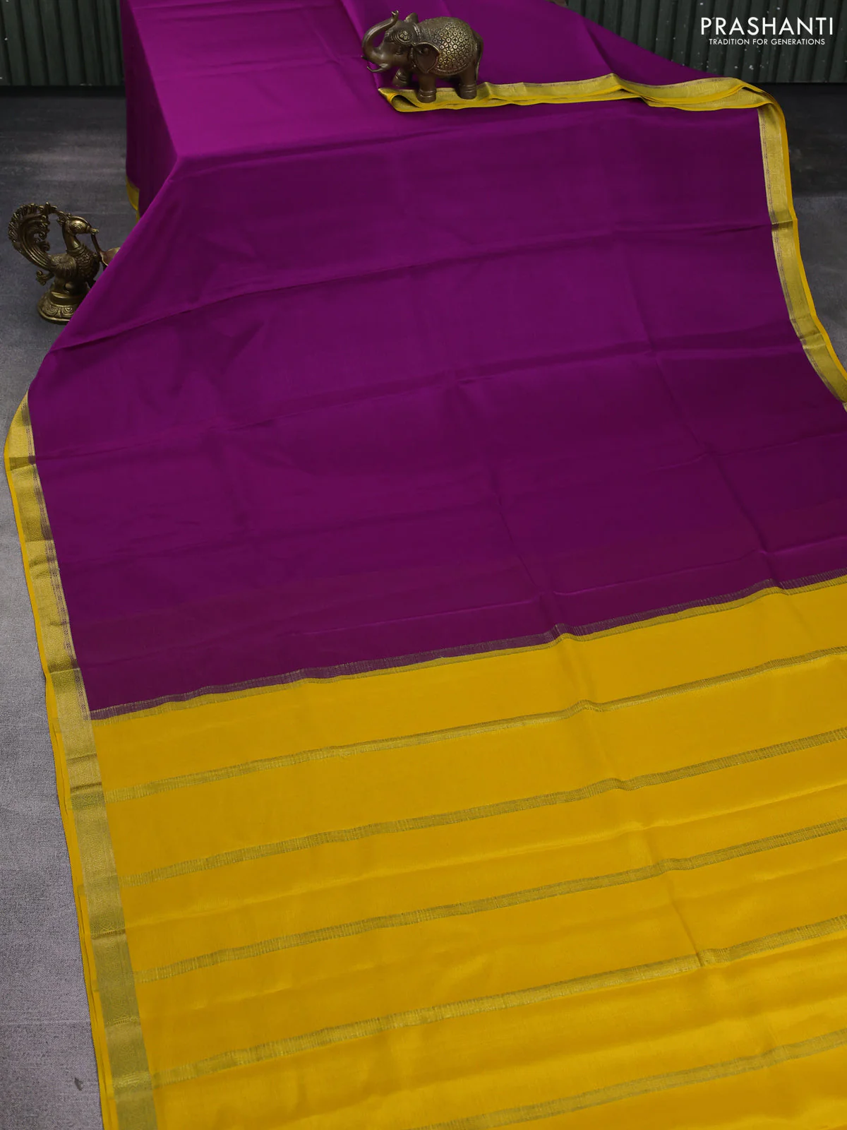 Pure mysore silk saree purple and yellow with plain body and zari woven border - Image 2