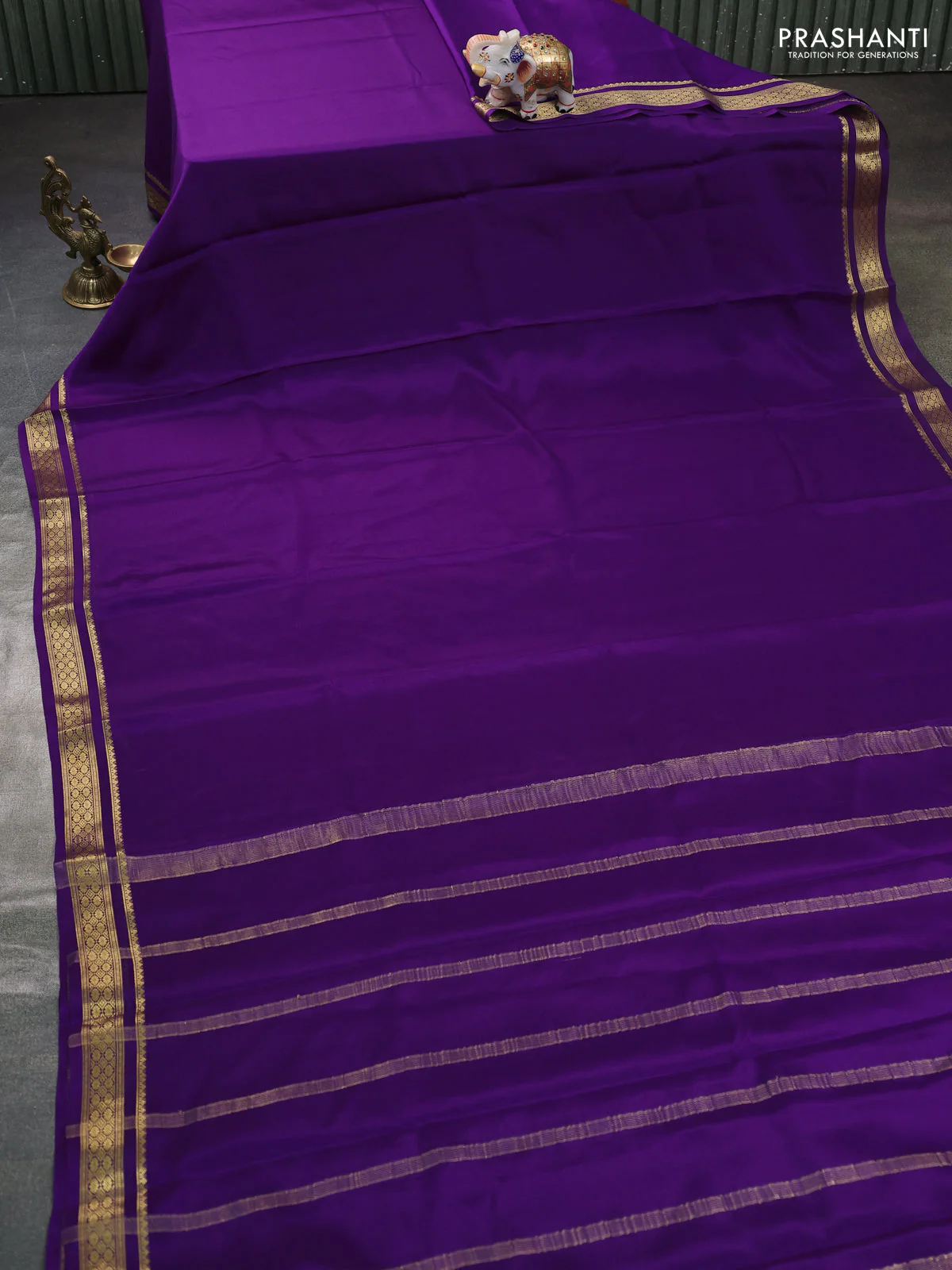 Pure mysore silk saree purple with plain body and zari woven border - Image 2