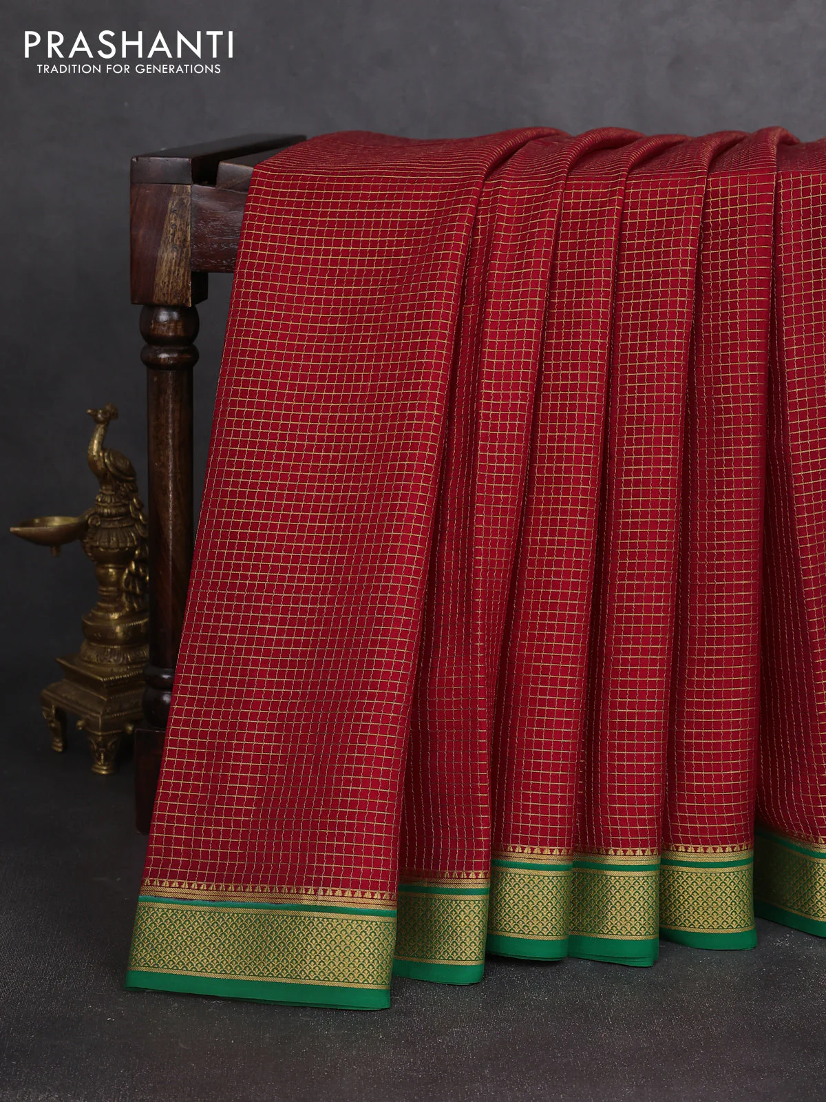 Pure mysore silk saree red and green with allover small zari woven checked pattern and zari woven border