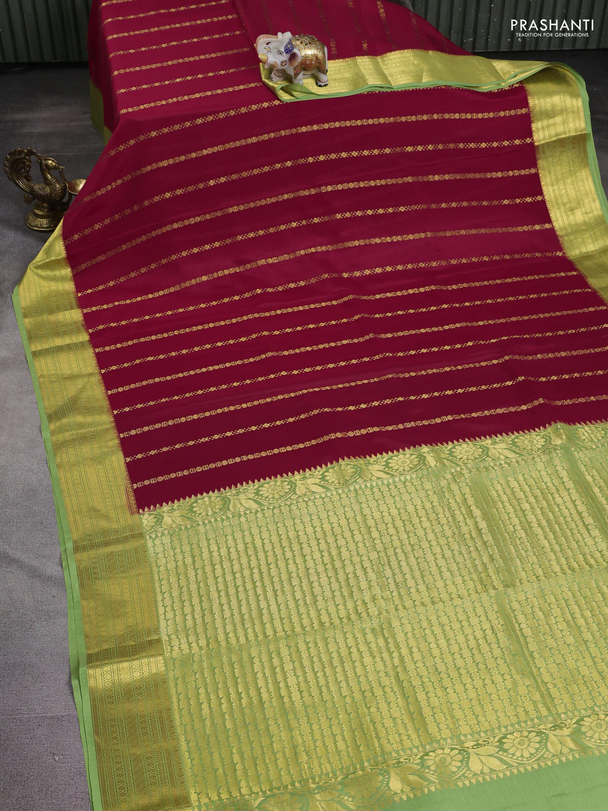 Pure mysore silk saree red and green with allover zari weaves and zari woven border - Image 2