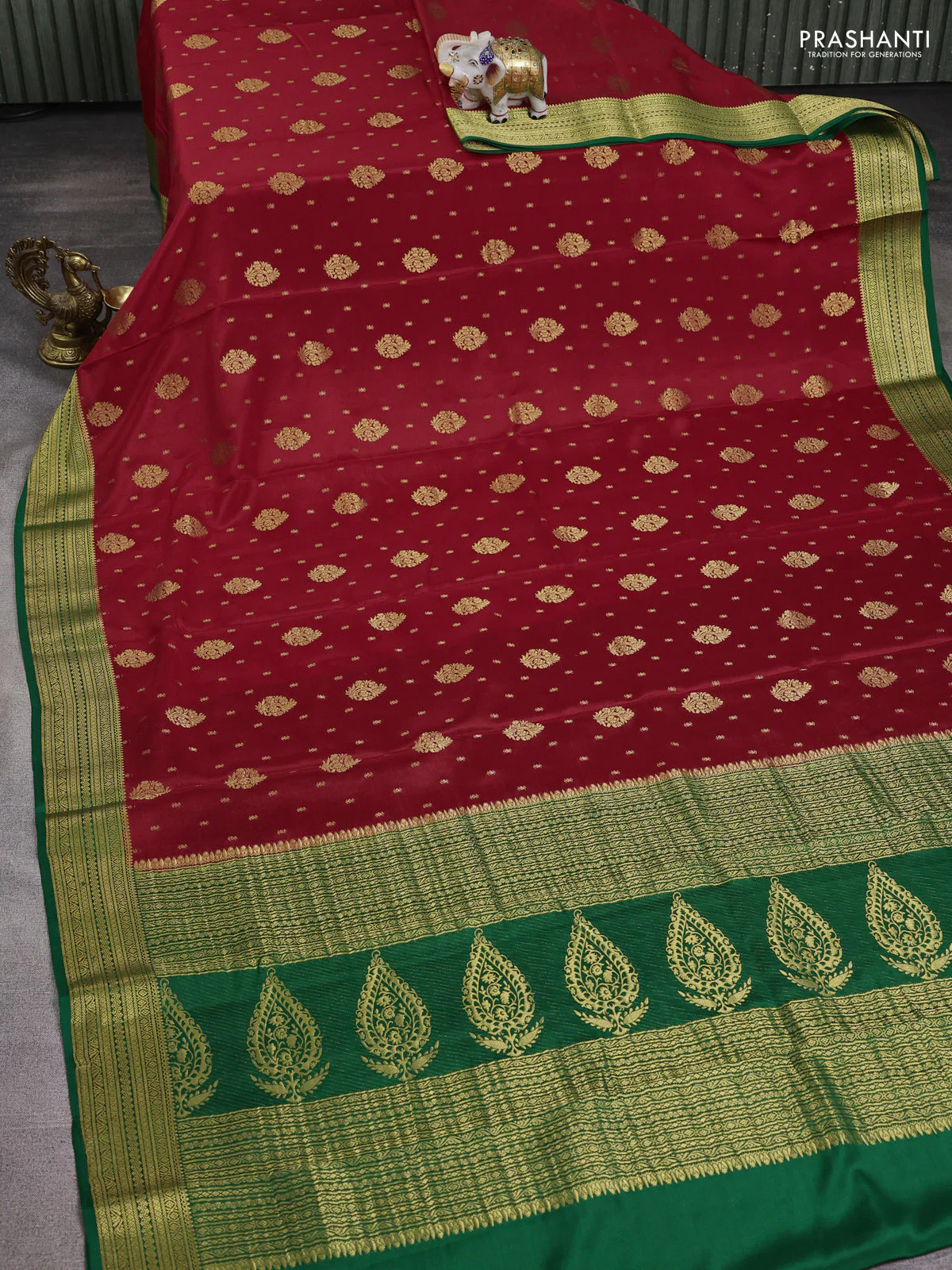 Pure mysore silk saree red and green with allover zari woven buttas and zari woven border - Image 2