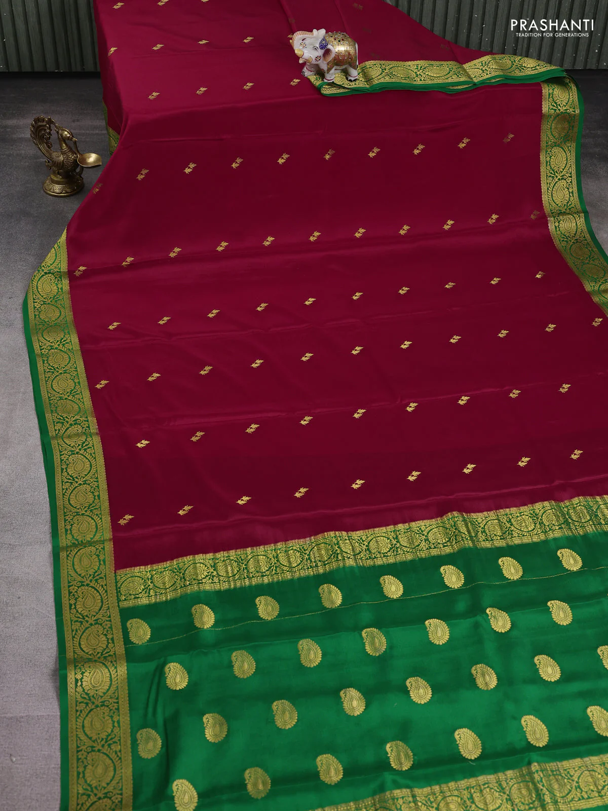Pure mysore silk saree red and green with allover zari woven buttas and zari woven border - Image 2