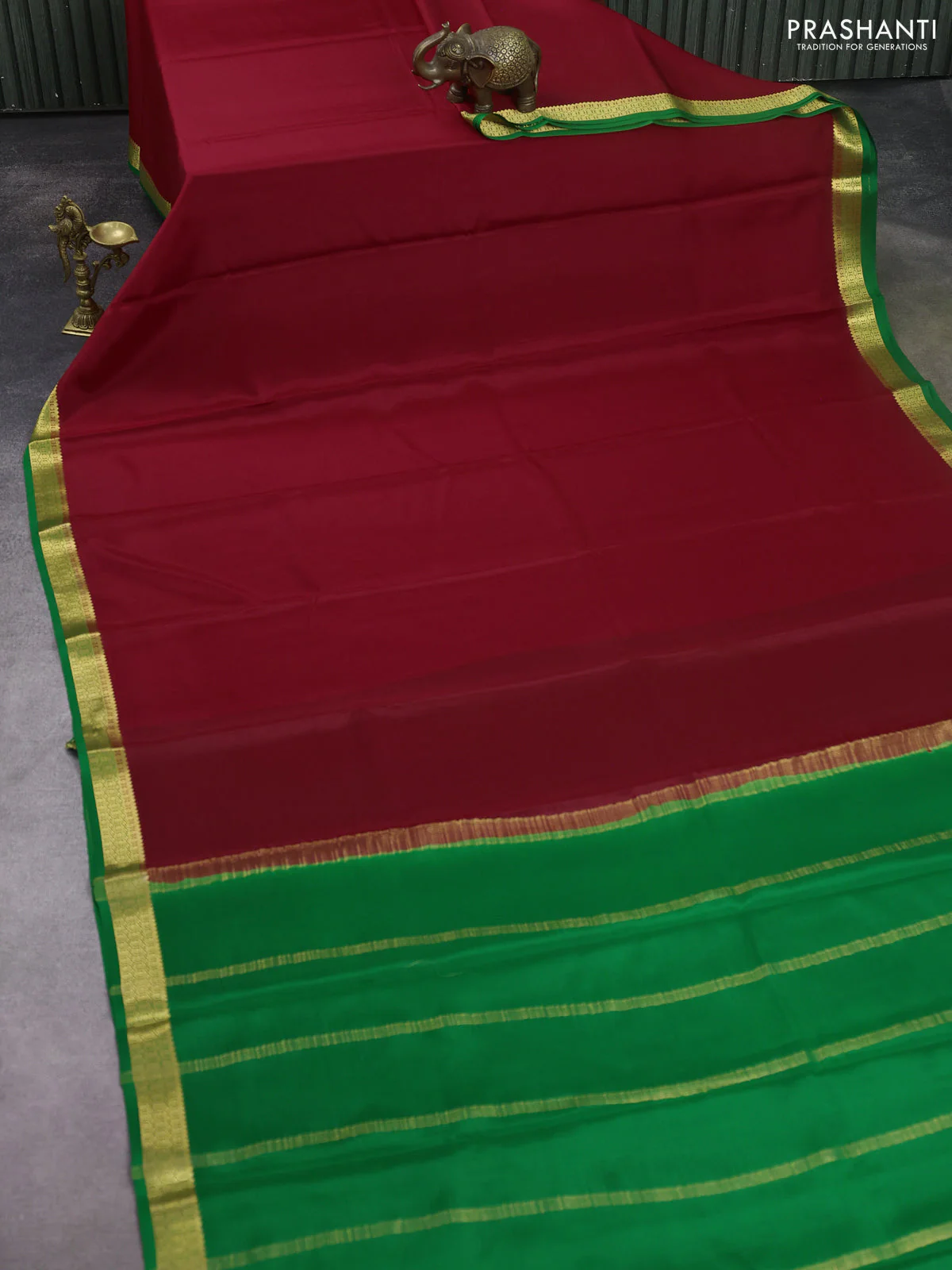 Pure mysore silk saree red and green with plain body and zari woven border - Image 2