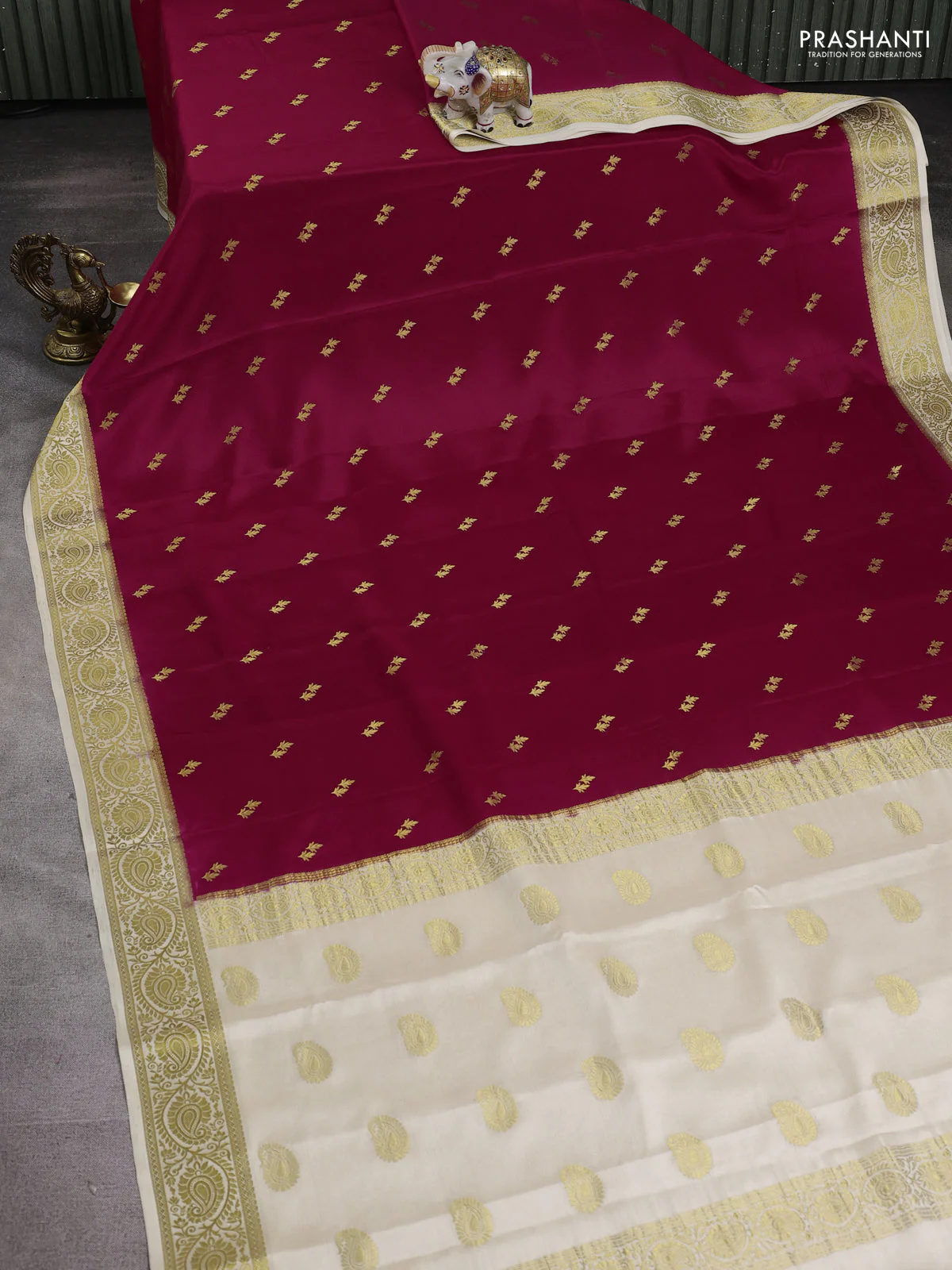 Pure mysore silk saree red and off white with allover zari woven buttas and zari woven border - Image 2