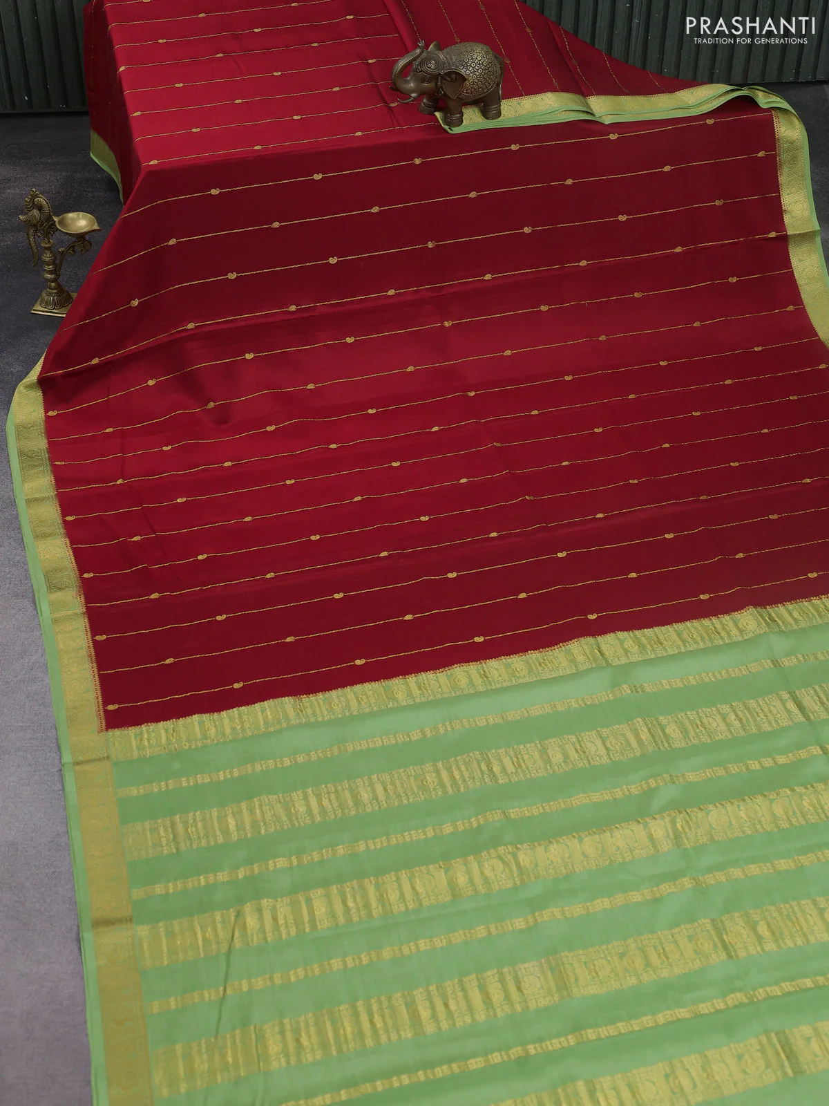 Pure mysore silk saree red and pista green with allover zari stripes pattern & buttas and zari woven border - Image 2