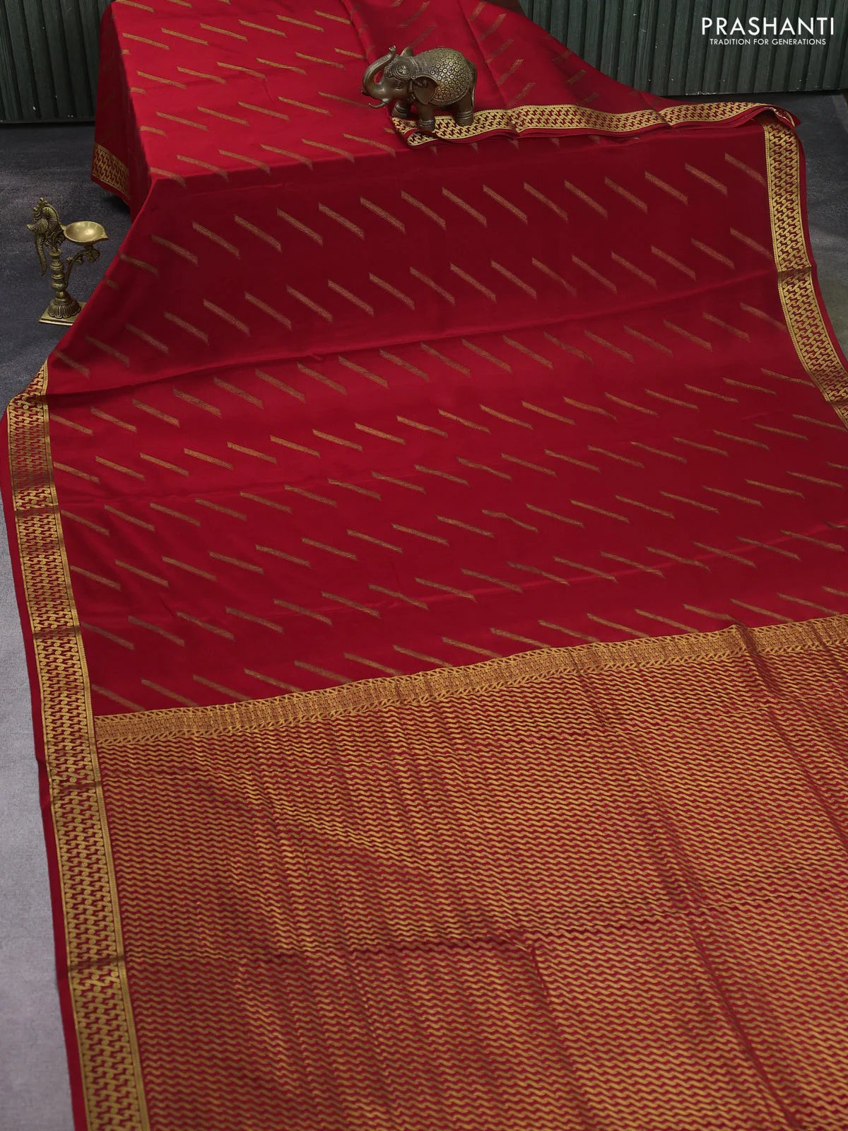 Pure mysore silk saree red with allover zari woven buttas and zari woven border - Image 2