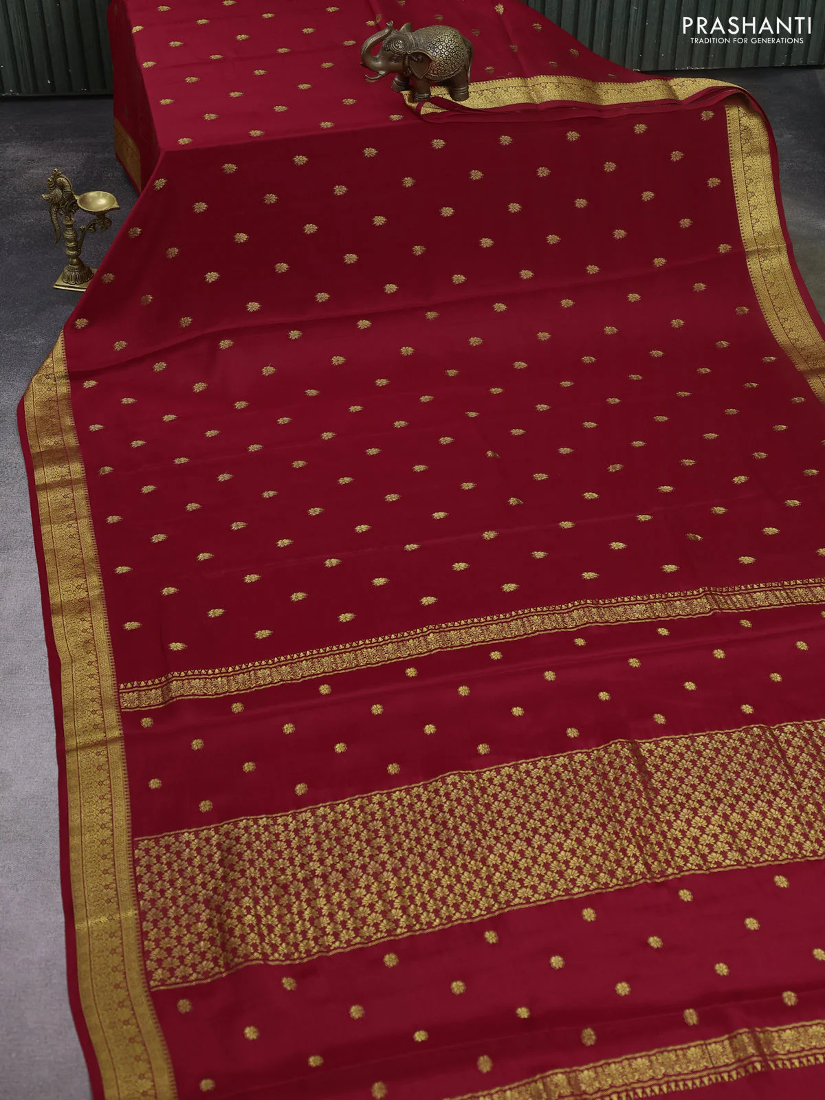 Pure mysore silk saree red with allover zari woven buttas and zari woven border - Image 2