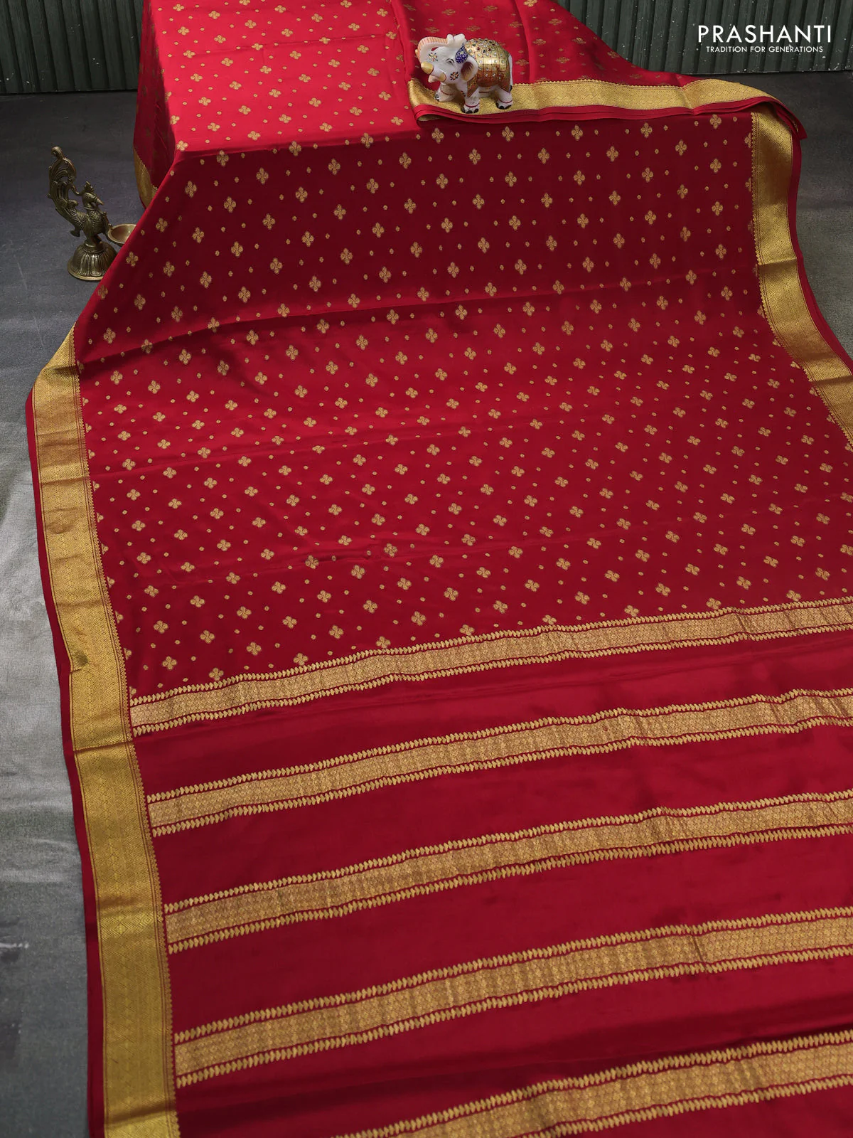 Pure mysore silk saree red with allover zari woven buttas and zari woven border - Image 2