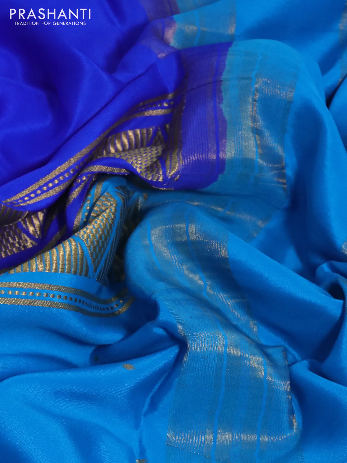 Pure mysore silk saree royal blue and cs blue with half & half style and zari woven border - Image 3