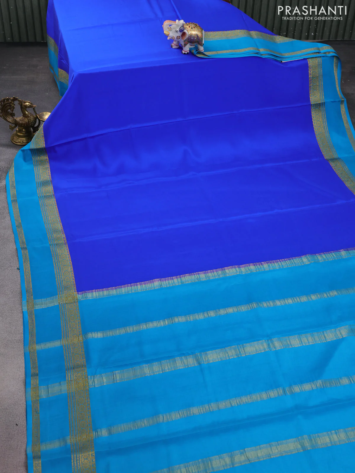 Pure mysore silk saree royal blue and cs blue with plain body and rettapet zari woven border - Image 2