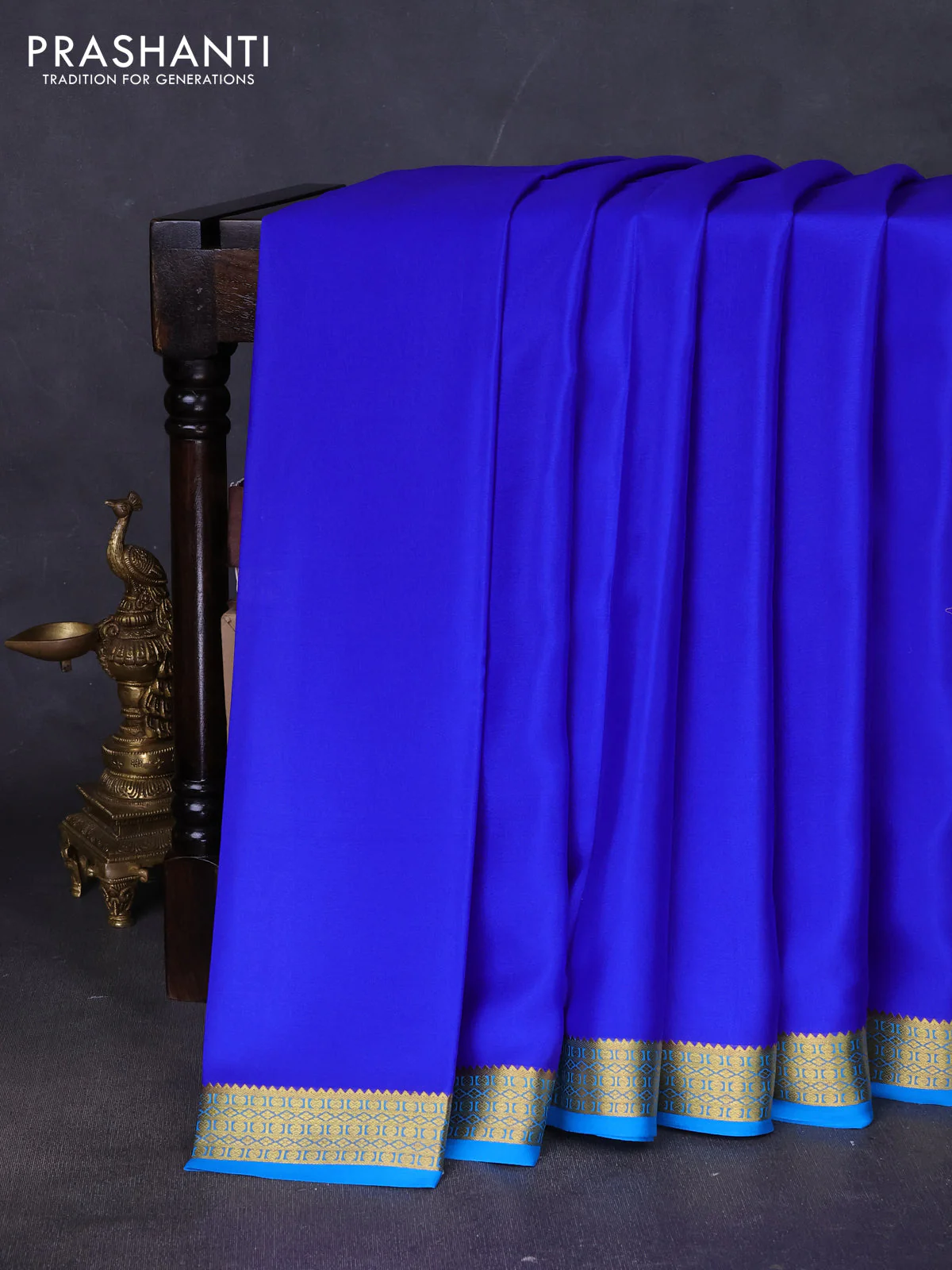 Pure mysore silk saree royal blue and cs blue with plain body and zari woven border