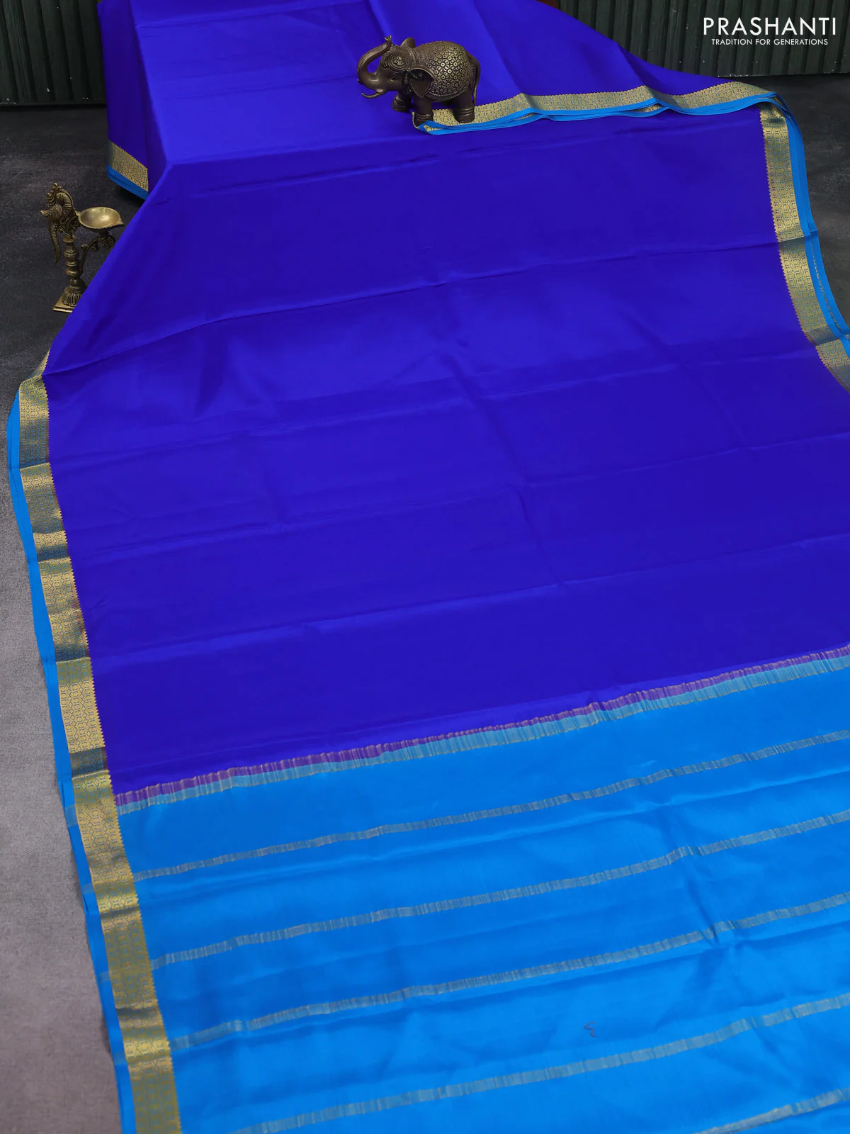Pure mysore silk saree royal blue and cs blue with plain body and zari woven border - Image 2