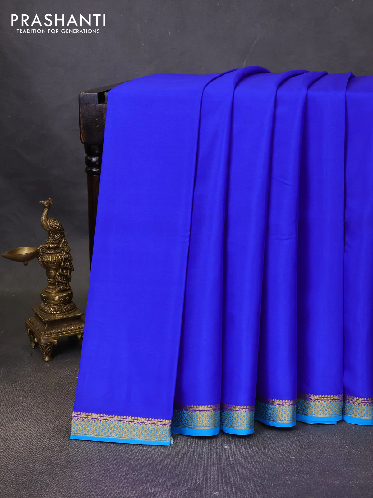 Pure mysore silk saree royal blue and cs blue with plain body and zari woven border