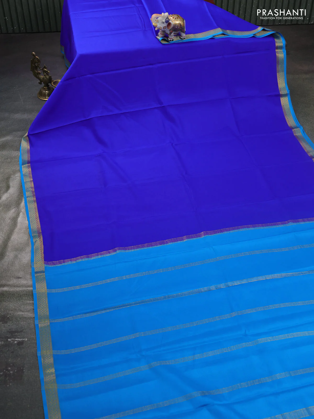 Pure mysore silk saree royal blue and cs blue with plain body and zari woven border - Image 2