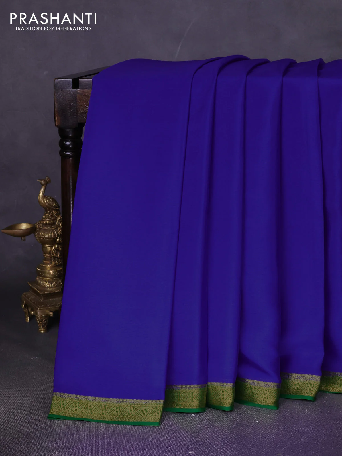 Pure mysore silk saree royal blue and green with plain body and zari woven border