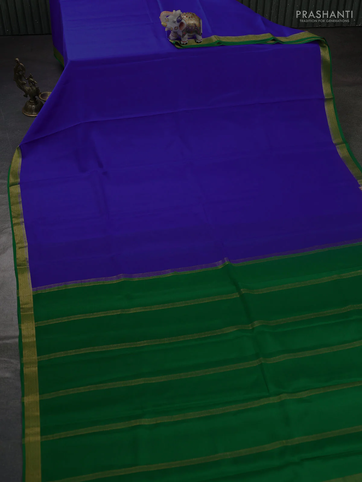 Pure mysore silk saree royal blue and green with plain body and zari woven border - Image 2