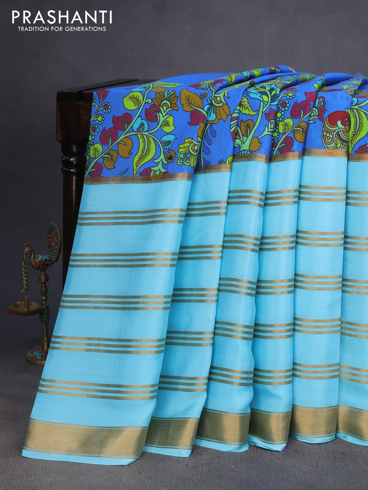 Pure mysore silk saree royal blue and light blue with kalamkari digital prints and long zari woven border
