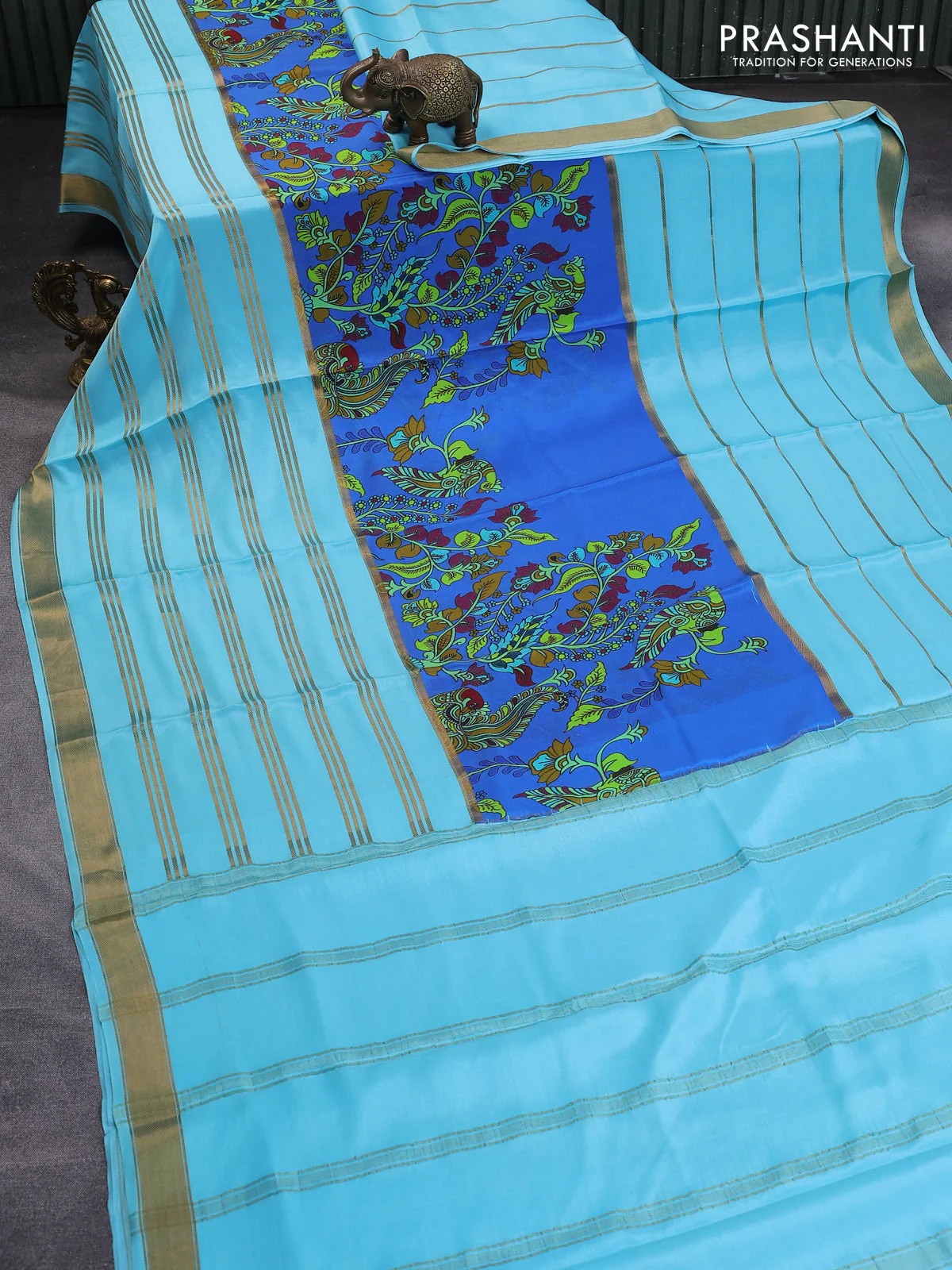 Pure mysore silk saree royal blue and light blue with kalamkari digital prints and long zari woven border - Image 2