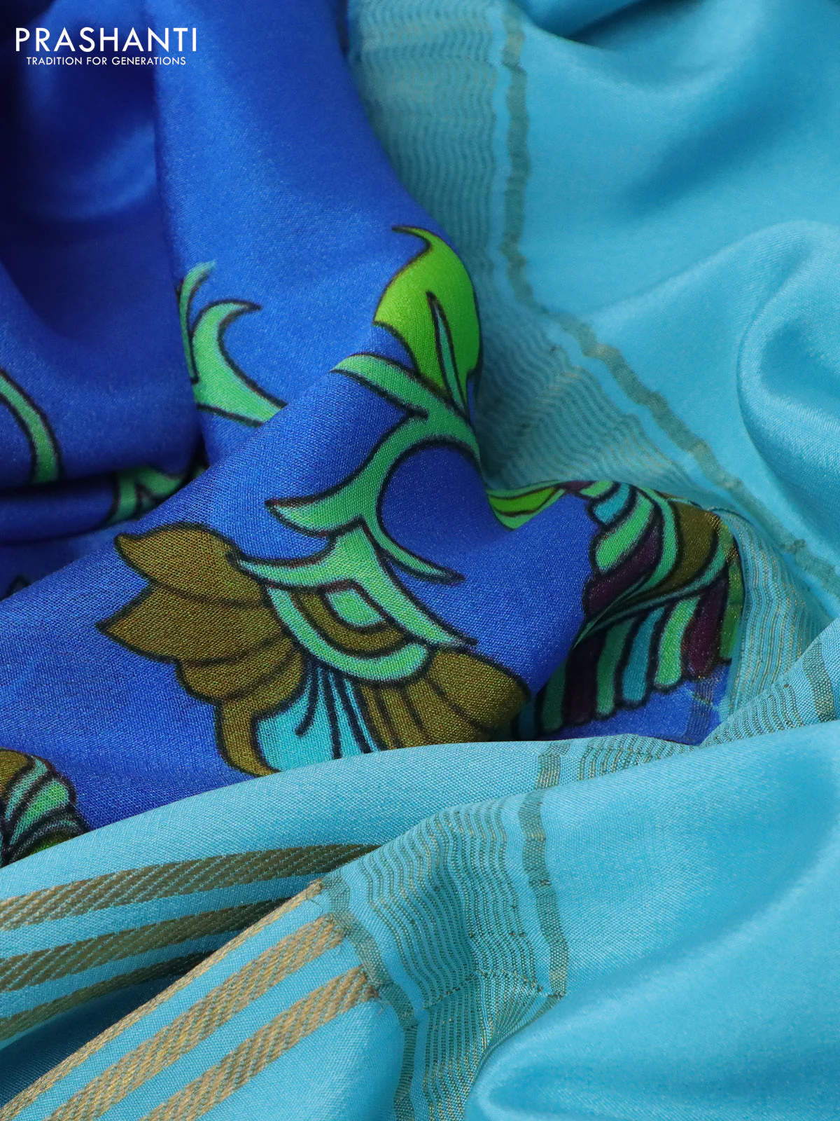 Pure mysore silk saree royal blue and light blue with kalamkari digital prints and long zari woven border - Image 3