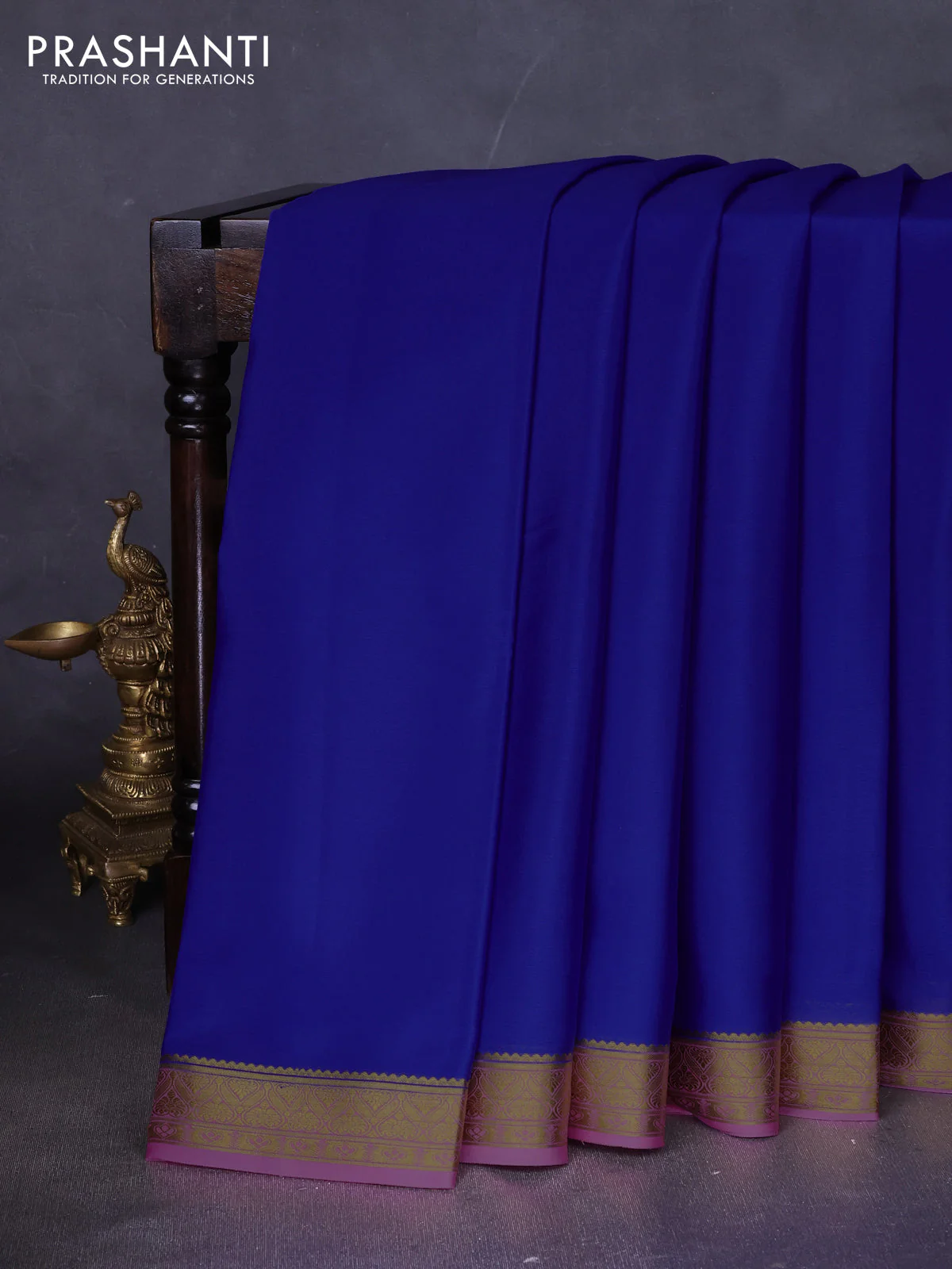 Pure mysore silk saree royal blue and pink with plain body and zari woven border
