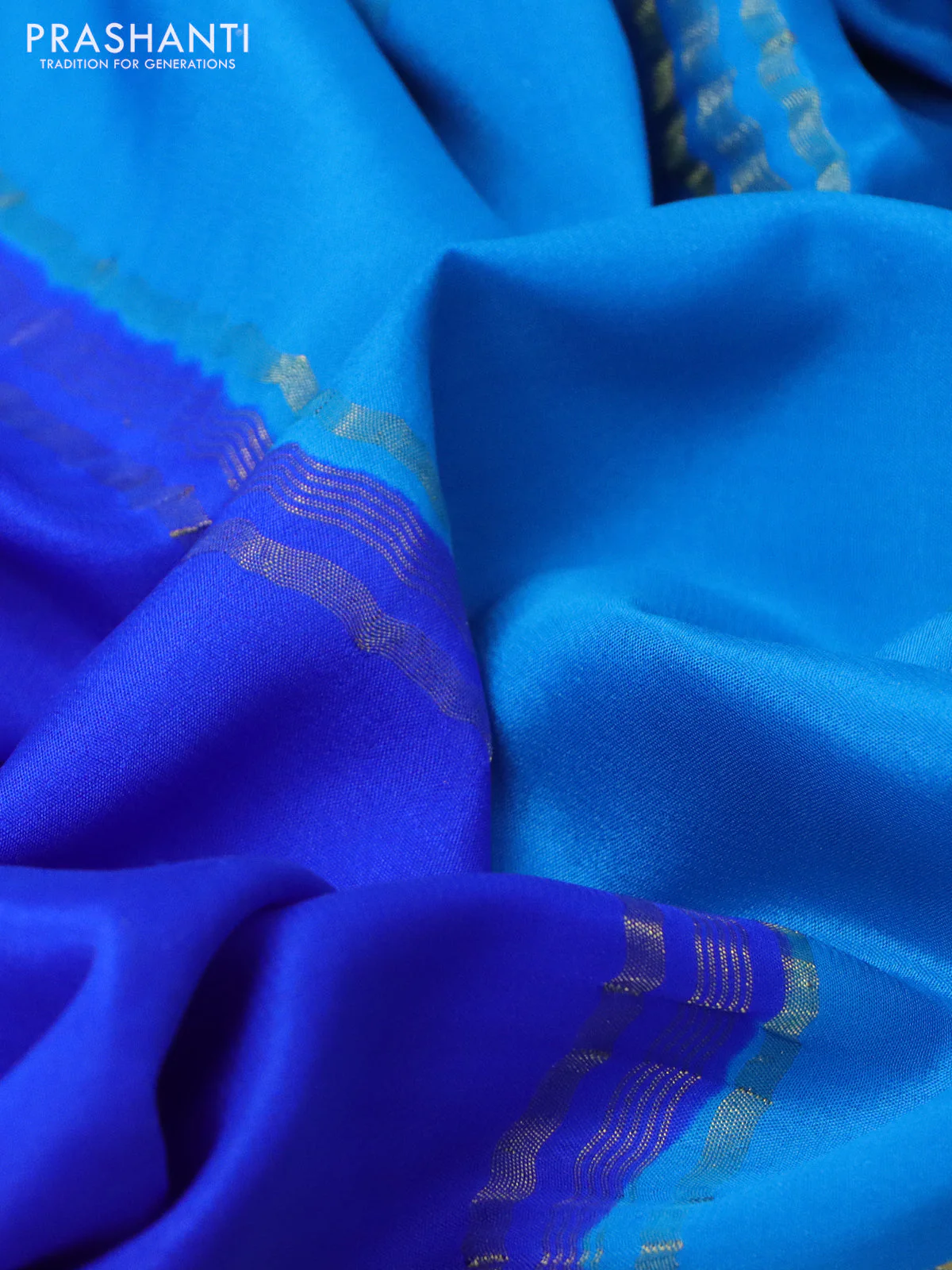 Pure mysore silk saree royal blue and purple with plain body and long zari woven border - Image 3