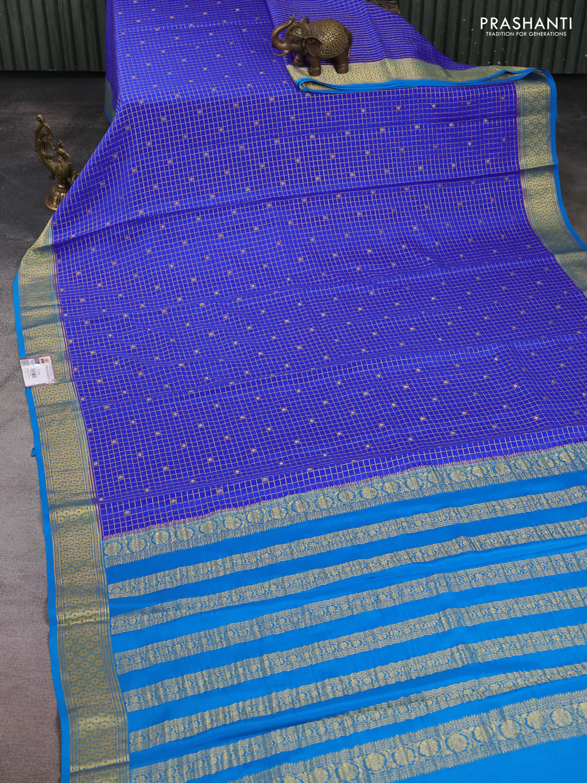 Pure mysore silk saree royal blue and teal blue with allover zari checks & buttas and zari woven border - Image 2