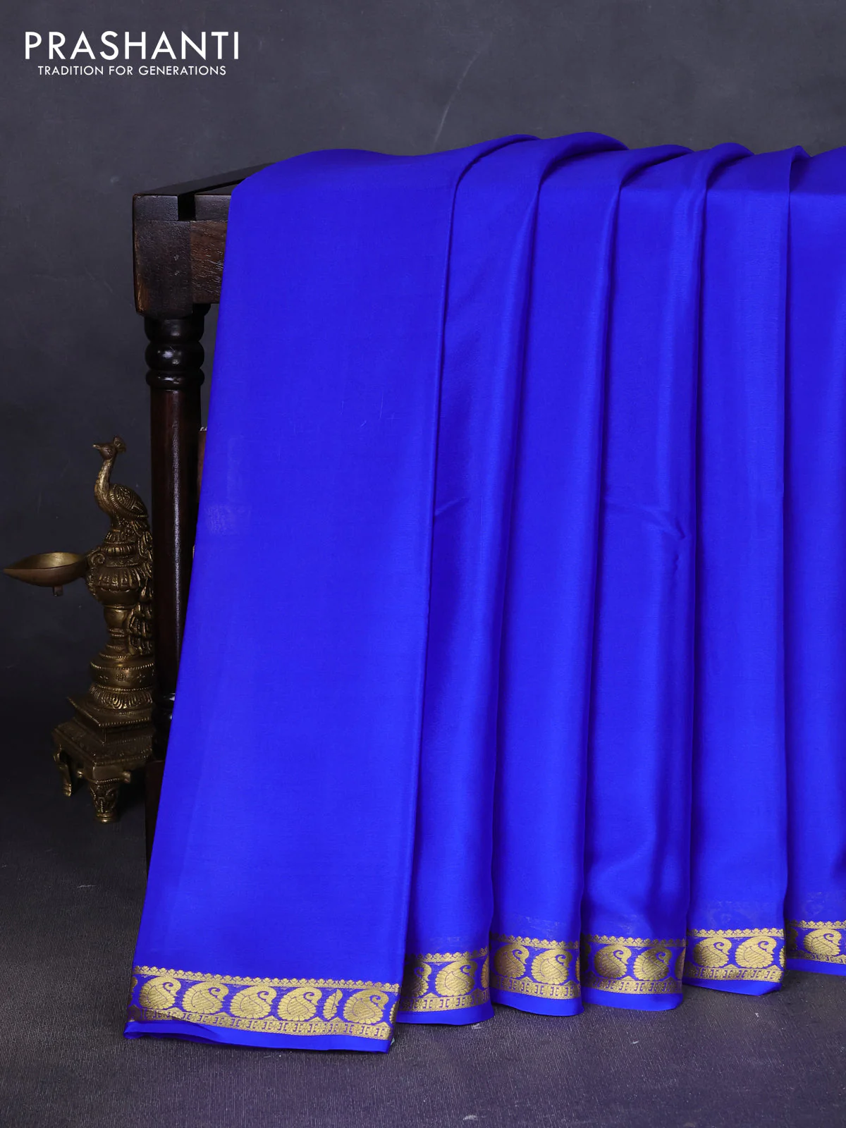 Pure mysore silk saree royal blue with plain body and paisley zari woven border