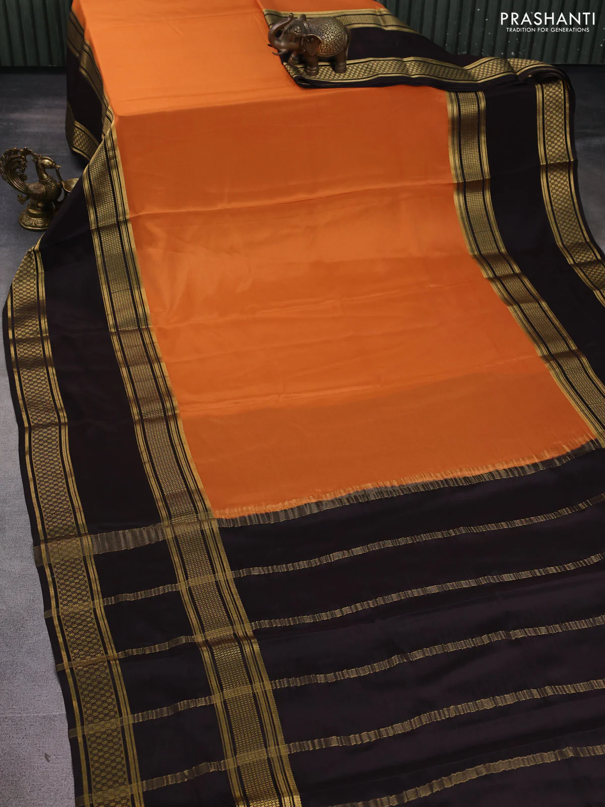 Pure mysore silk saree rust shade and coffee brown with plain body and rettapet zari woven border - Image 2