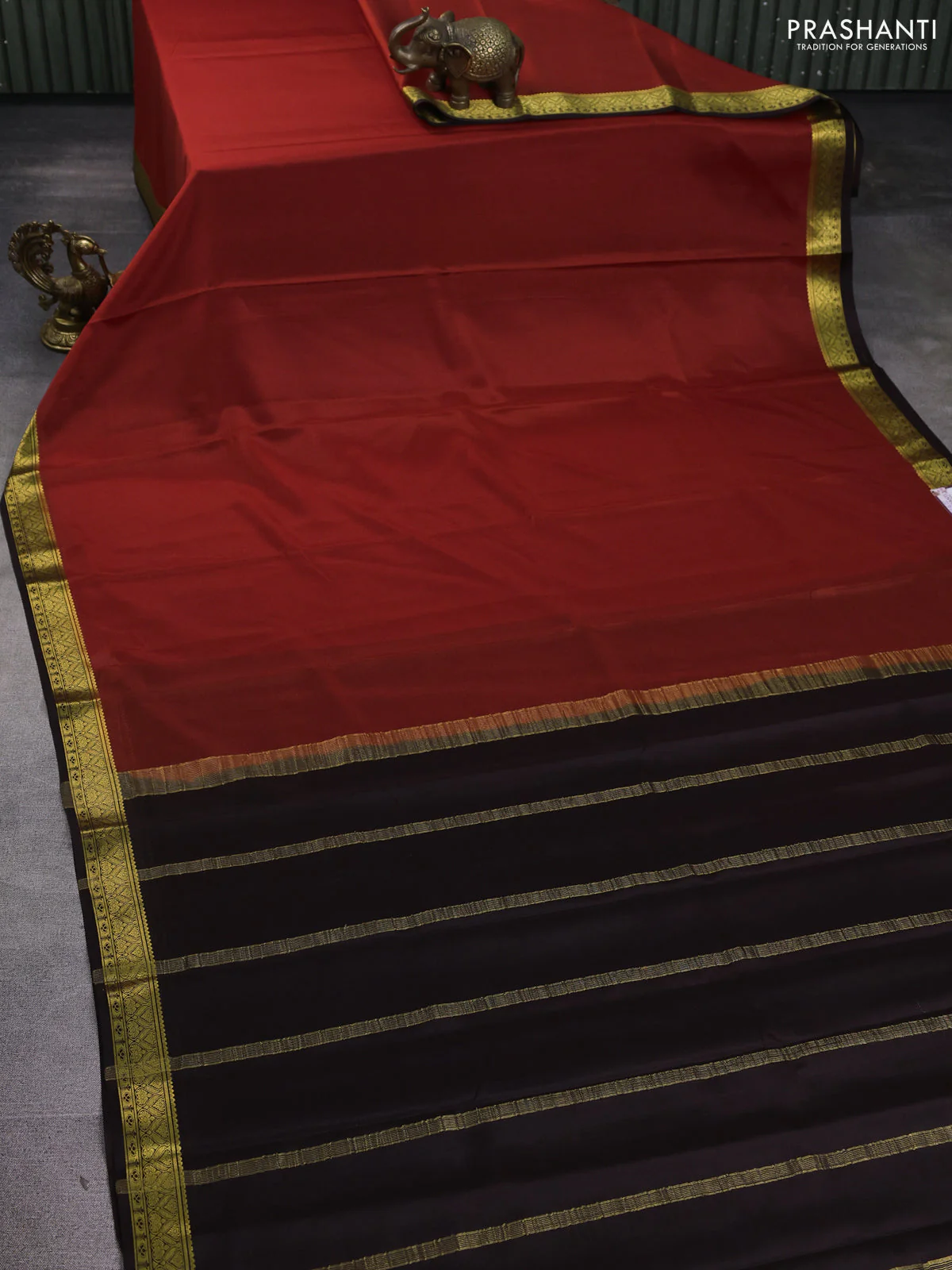 Pure mysore silk saree rust shade and coffee brown with plain body and zari woven border - Image 2