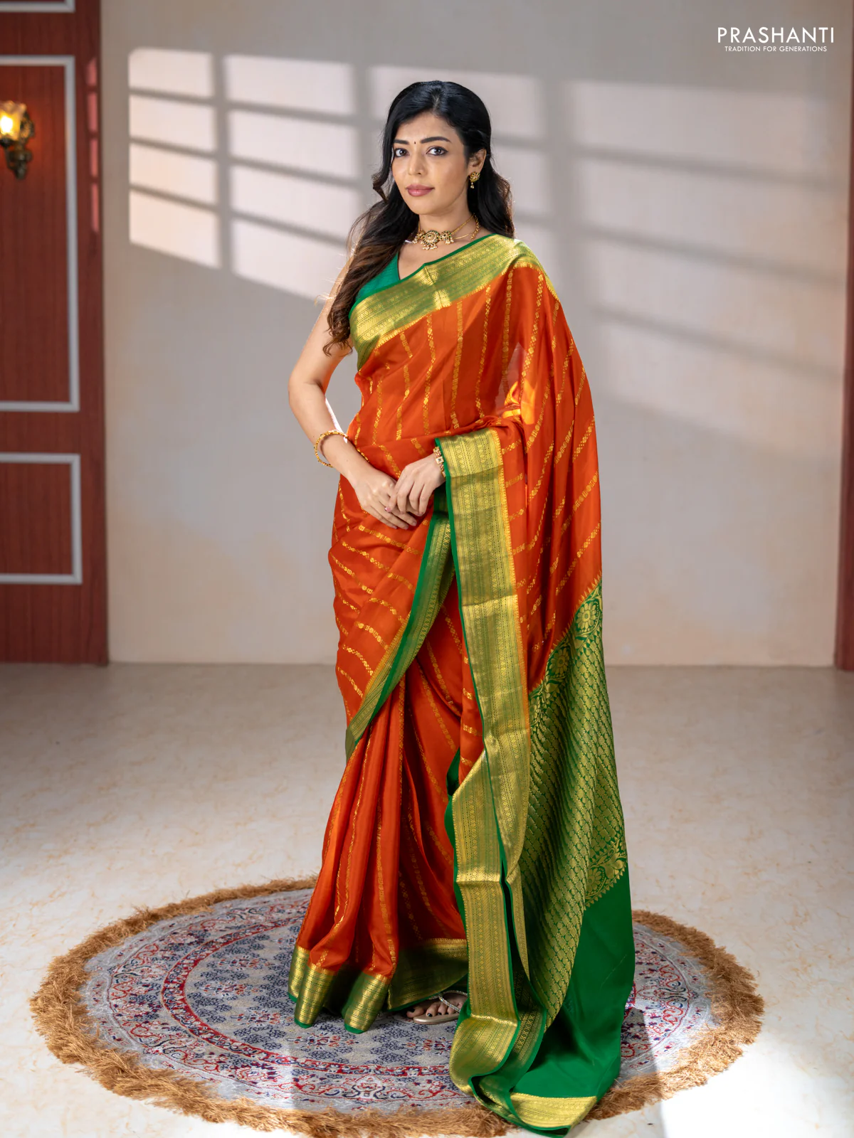 Pure mysore silk saree rust shade and green with allover zari stripes pattern and zari woven border - Image 2