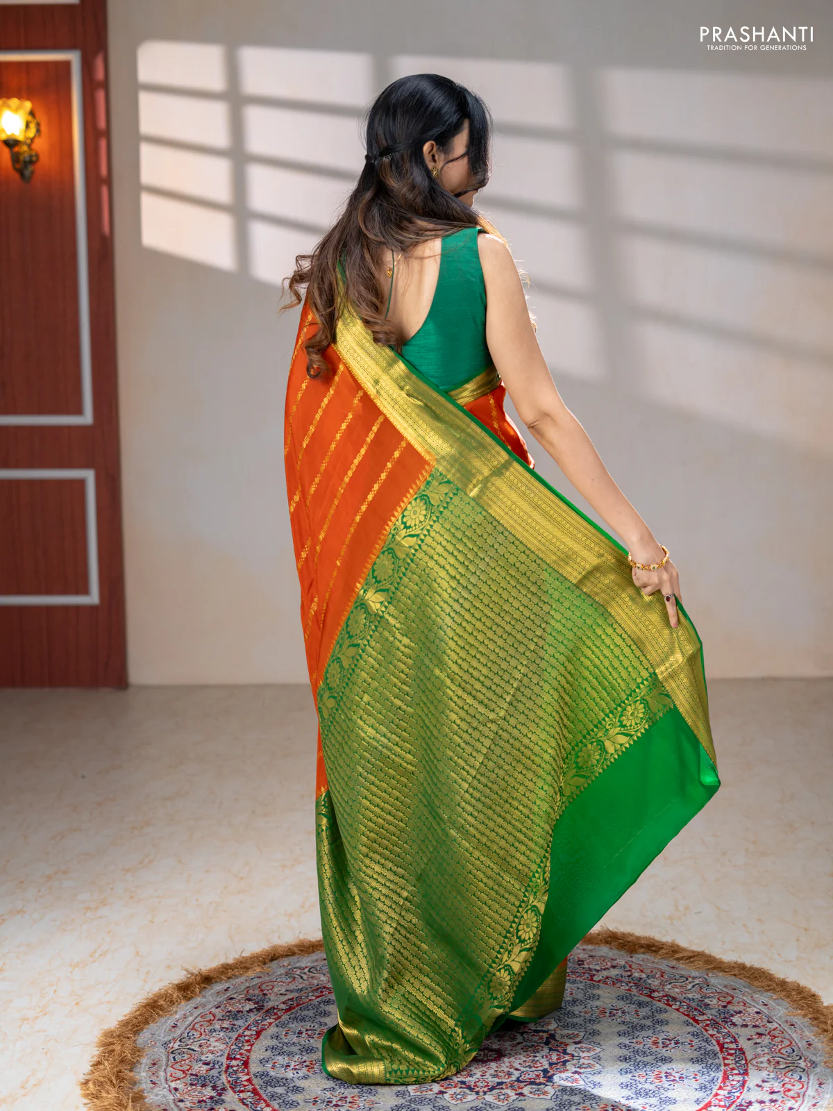Pure mysore silk saree rust shade and green with allover zari stripes pattern and zari woven border - Image 3