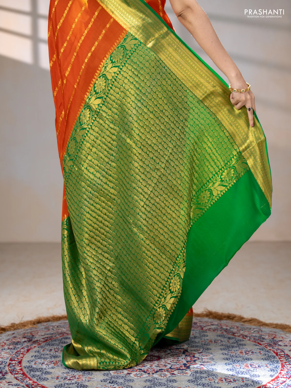 Pure mysore silk saree rust shade and green with allover zari stripes pattern and zari woven border - Image 4